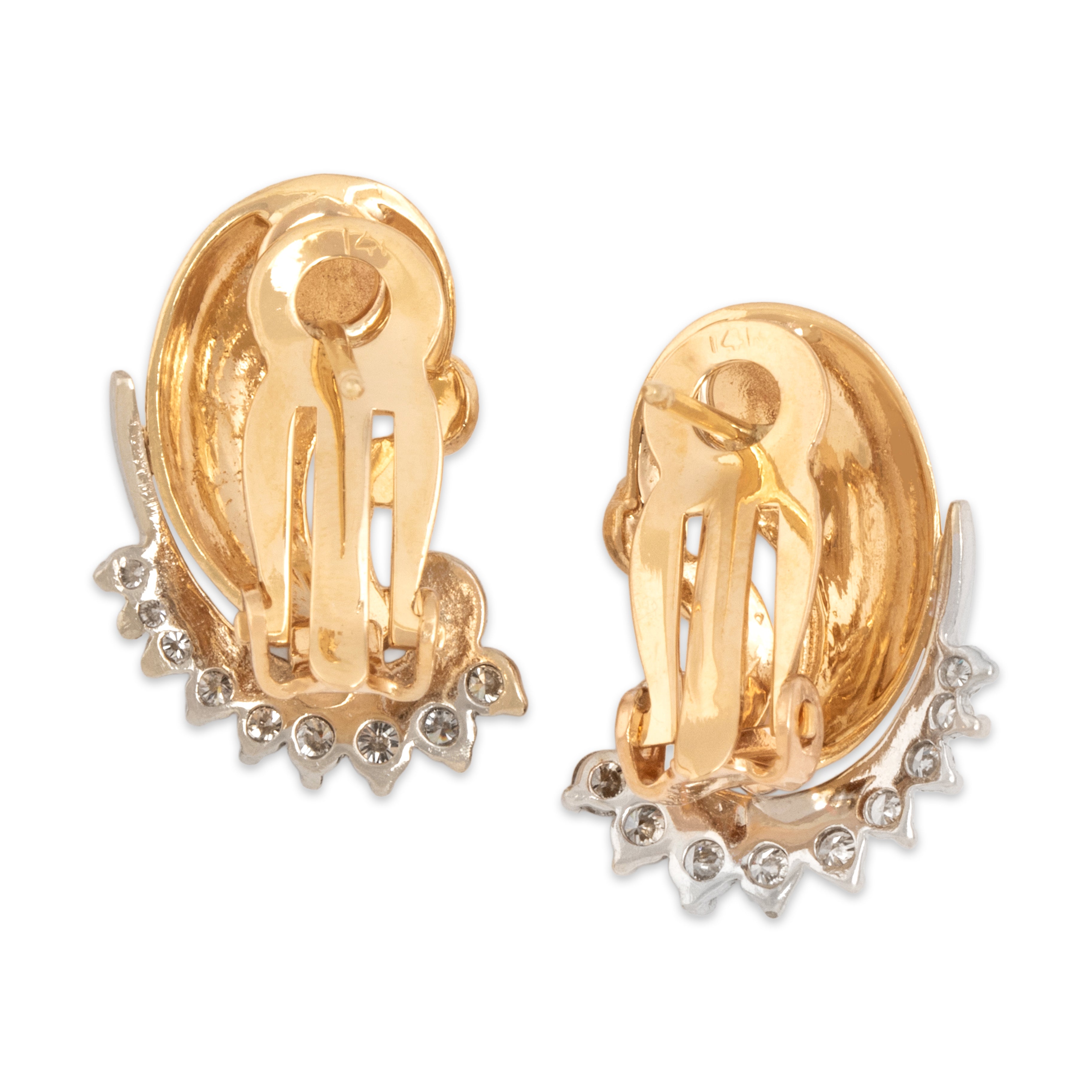 Vintage 14k Yellow & White Gold Diamond Scrolling Flourish Earrings - Back view