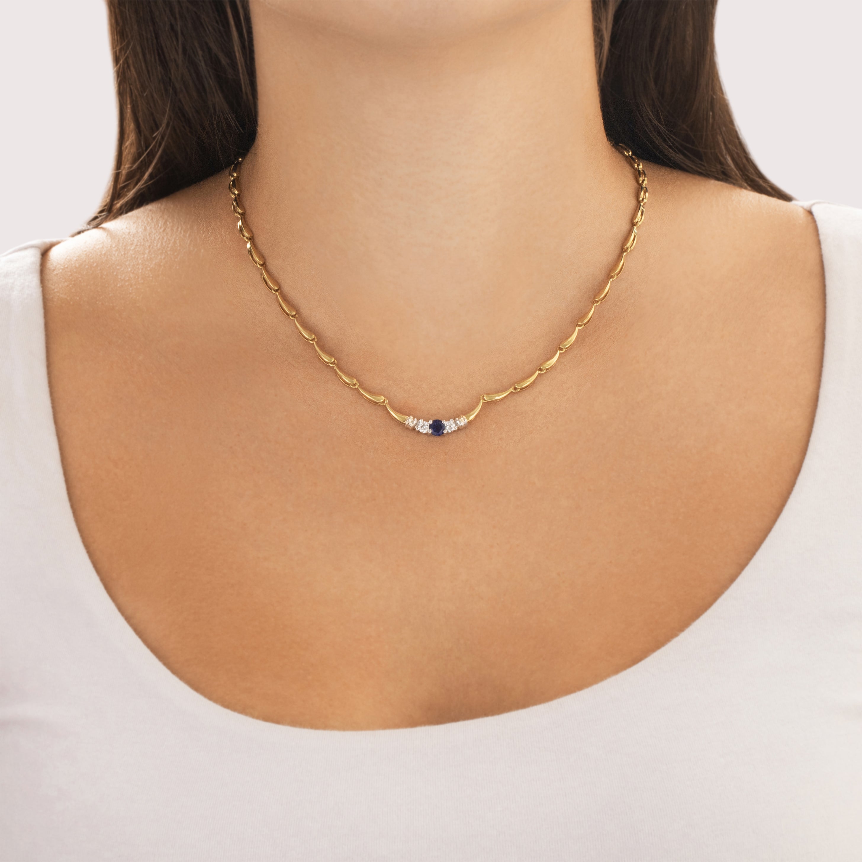 Vintage 18k Yellow & White Gold .61ct Blue Sapphire Diamond Sparkling Raindrop Link Necklace - On model view