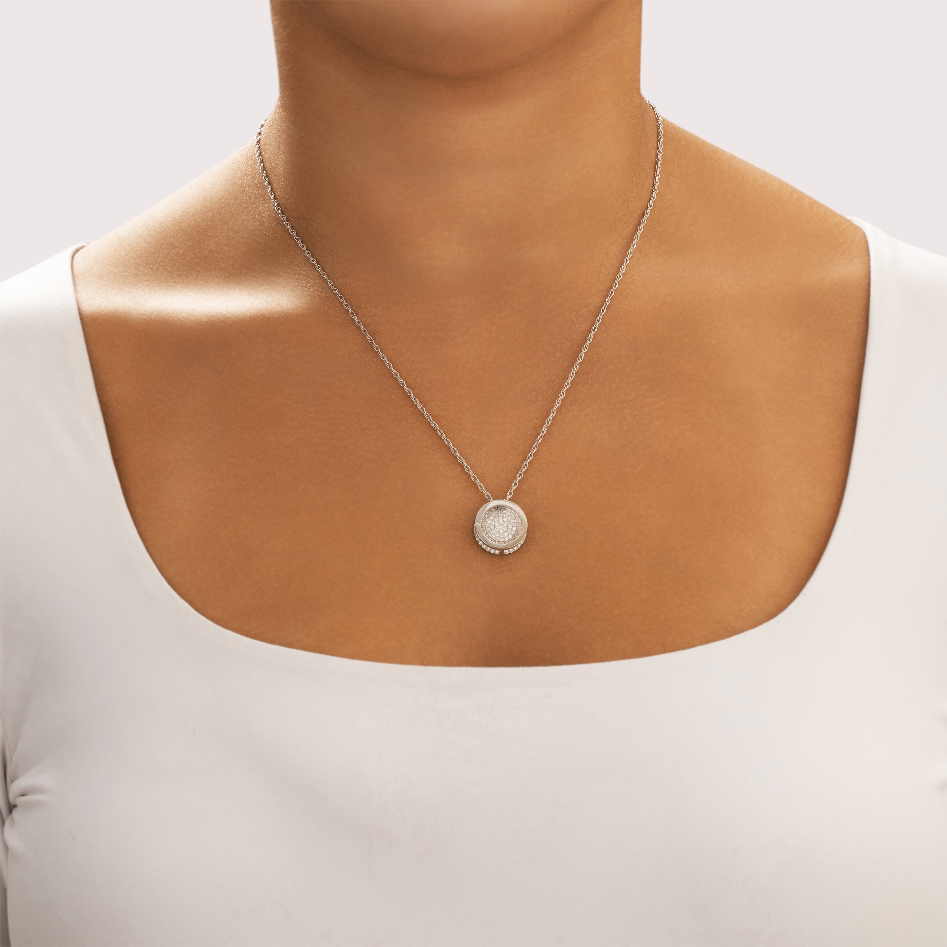 Vintage 18k White Gold 1.01cttw Diamond Sparkling Pavé Domed Disc Slide Pendant - On model view
