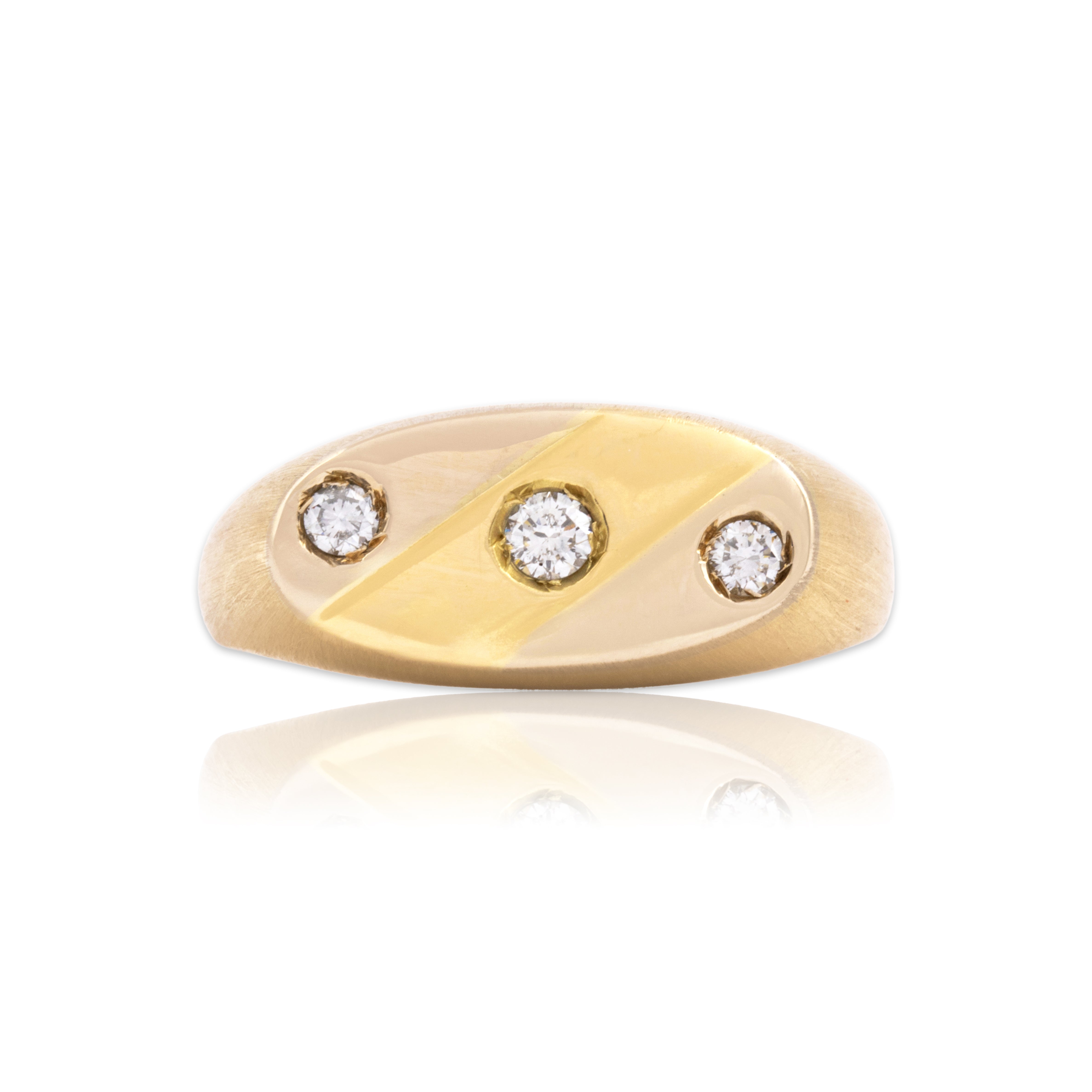 Vintage 18k Yellow & White Gold Diamond Dual Finish Brushed Trio Signet Band Ring - Close-up view
