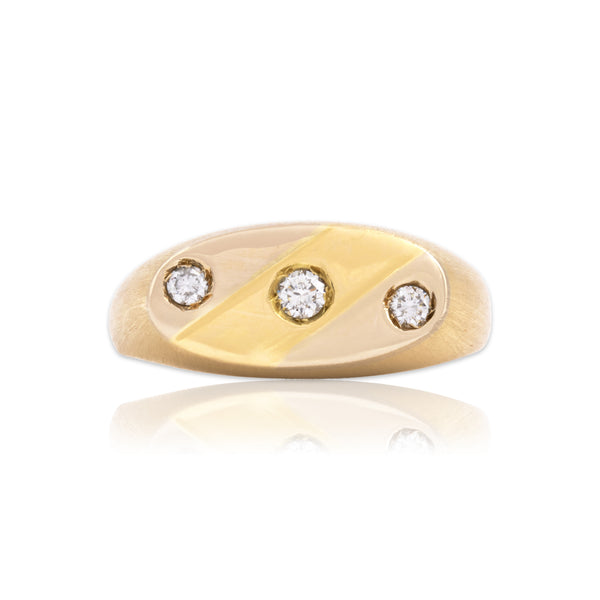 Vintage 18k Yellow & White Gold Diamond Dual Finish Brushed Trio Signet Band Ring 8.50