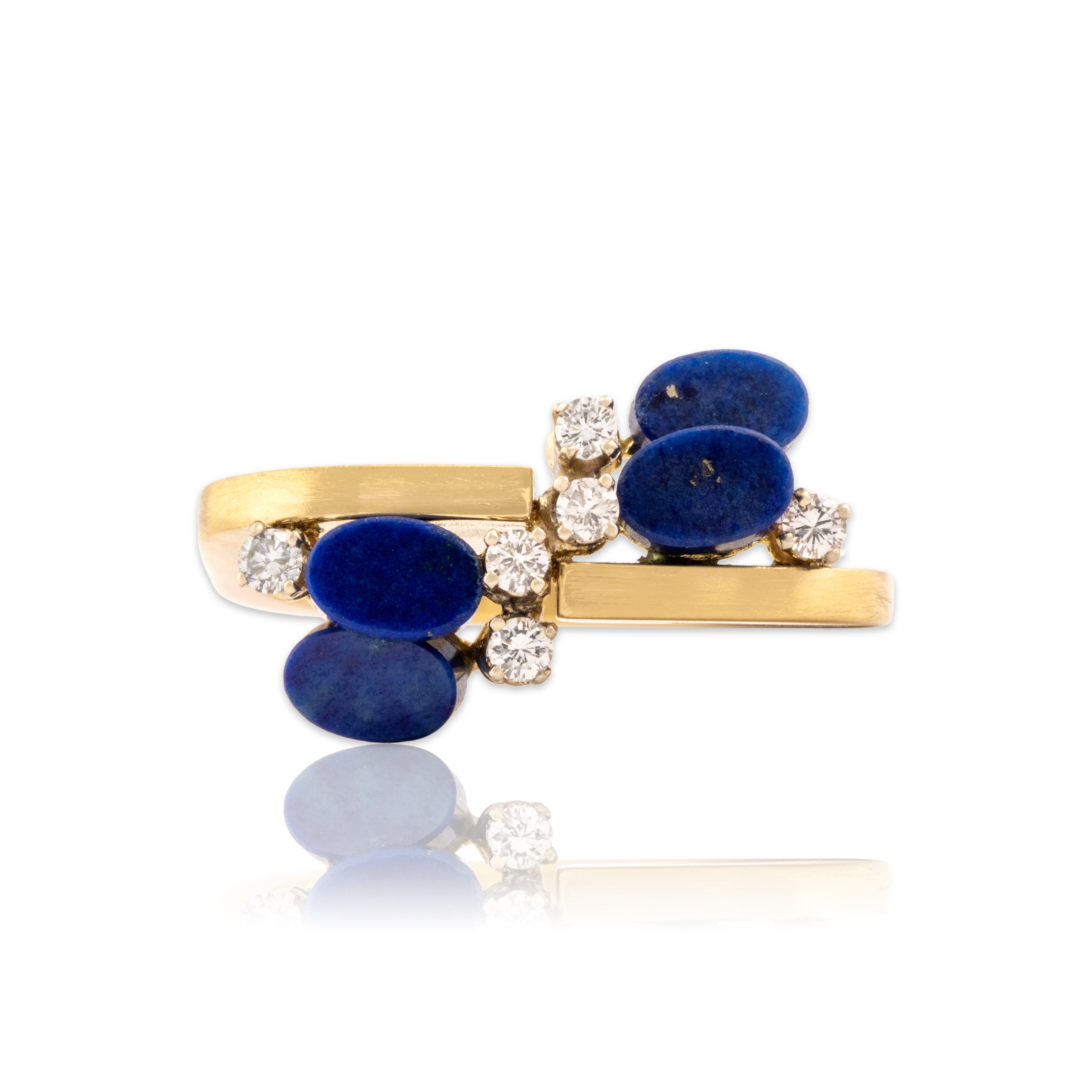 Vintage 18k Yellow Gold 1.59cttw Lapis Lazuli Diamond Unique Geometric Brushed Step Ring - Close-up view