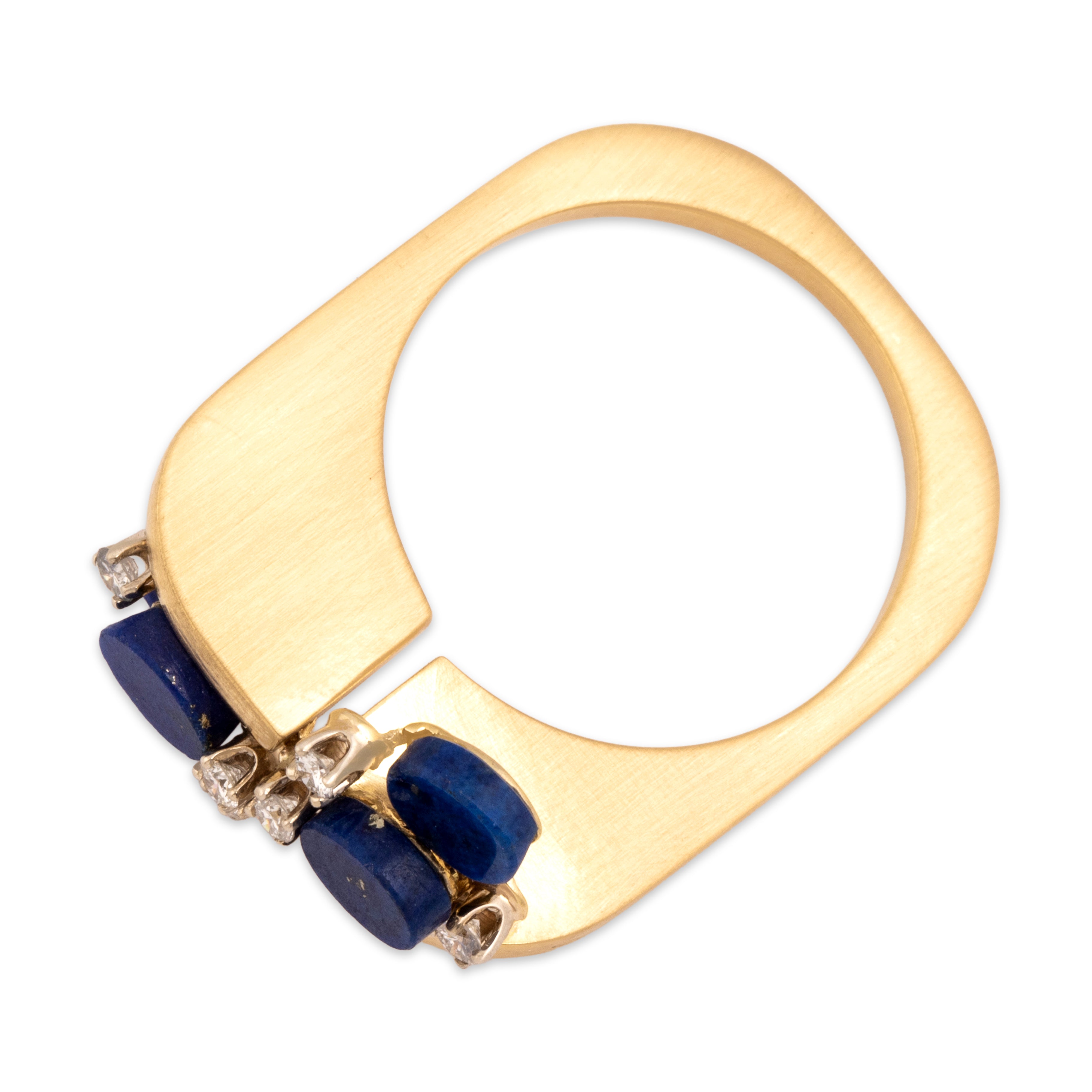Vintage 18k Yellow Gold 1.59cttw Lapis Lazuli Diamond Unique Geometric Brushed Step Ring - Overall view