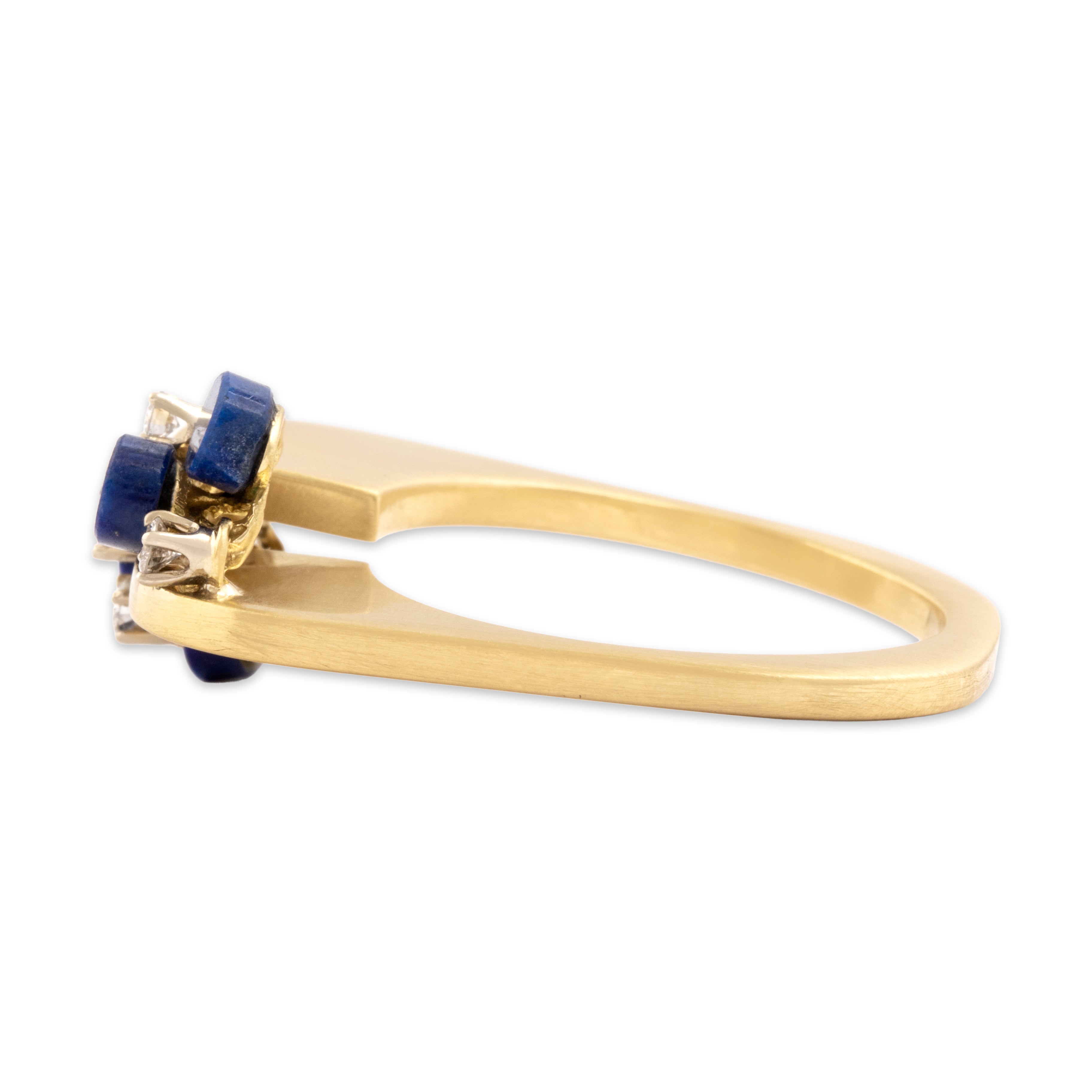 Vintage 18k Yellow Gold 1.59cttw Lapis Lazuli Diamond Unique Geometric Brushed Step Ring - Side view