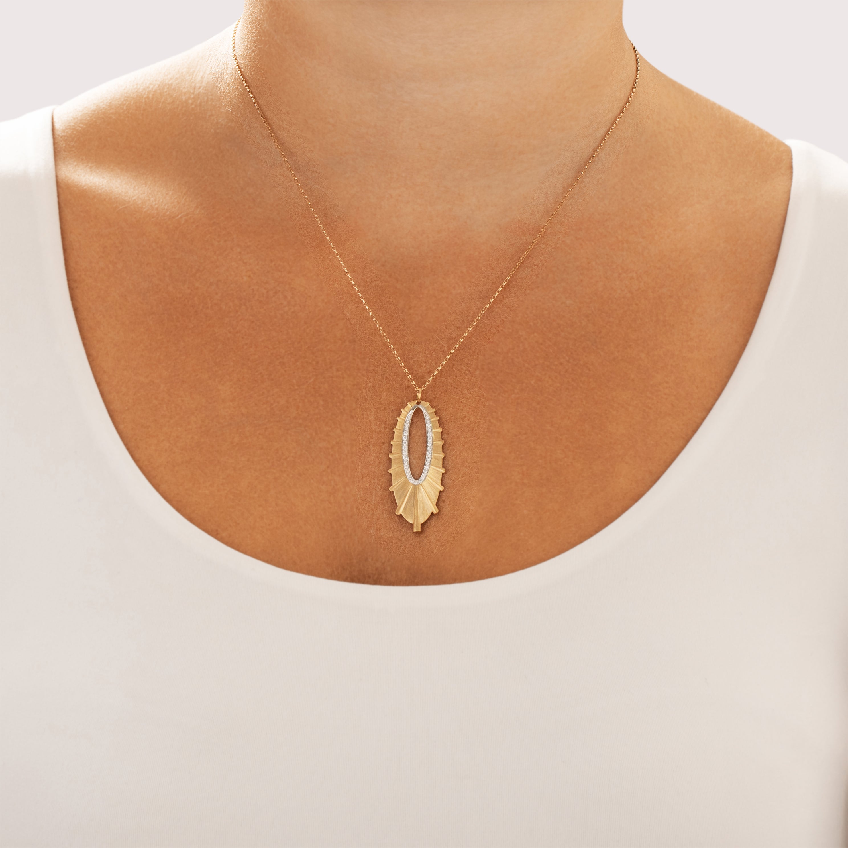 Vintage 18k Yellow & White Gold Diamond Brushed Dazzling Oval Sunburst Pendant - On model view