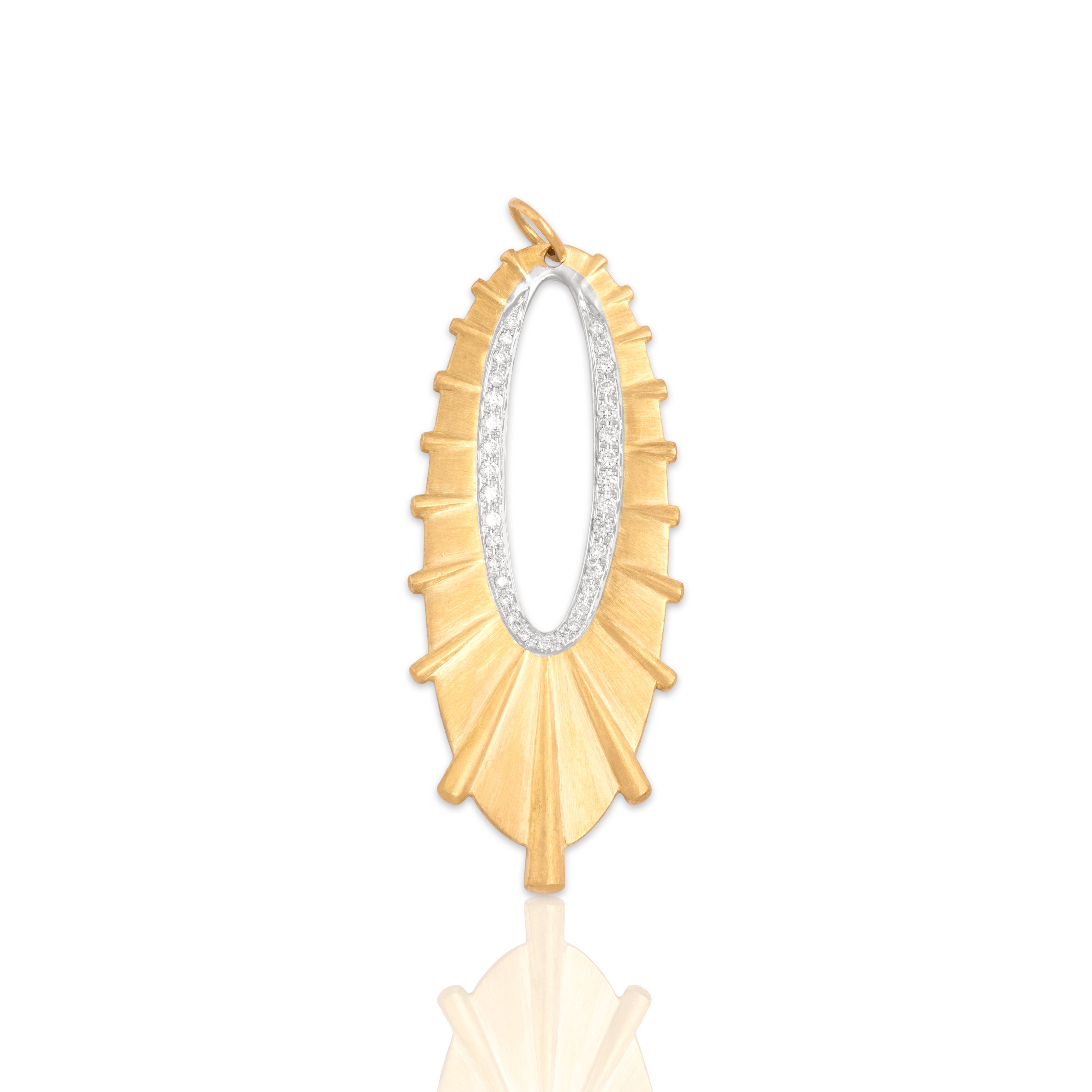 Vintage 18k Yellow & White Gold Diamond Brushed Dazzling Oval Sunburst Pendant