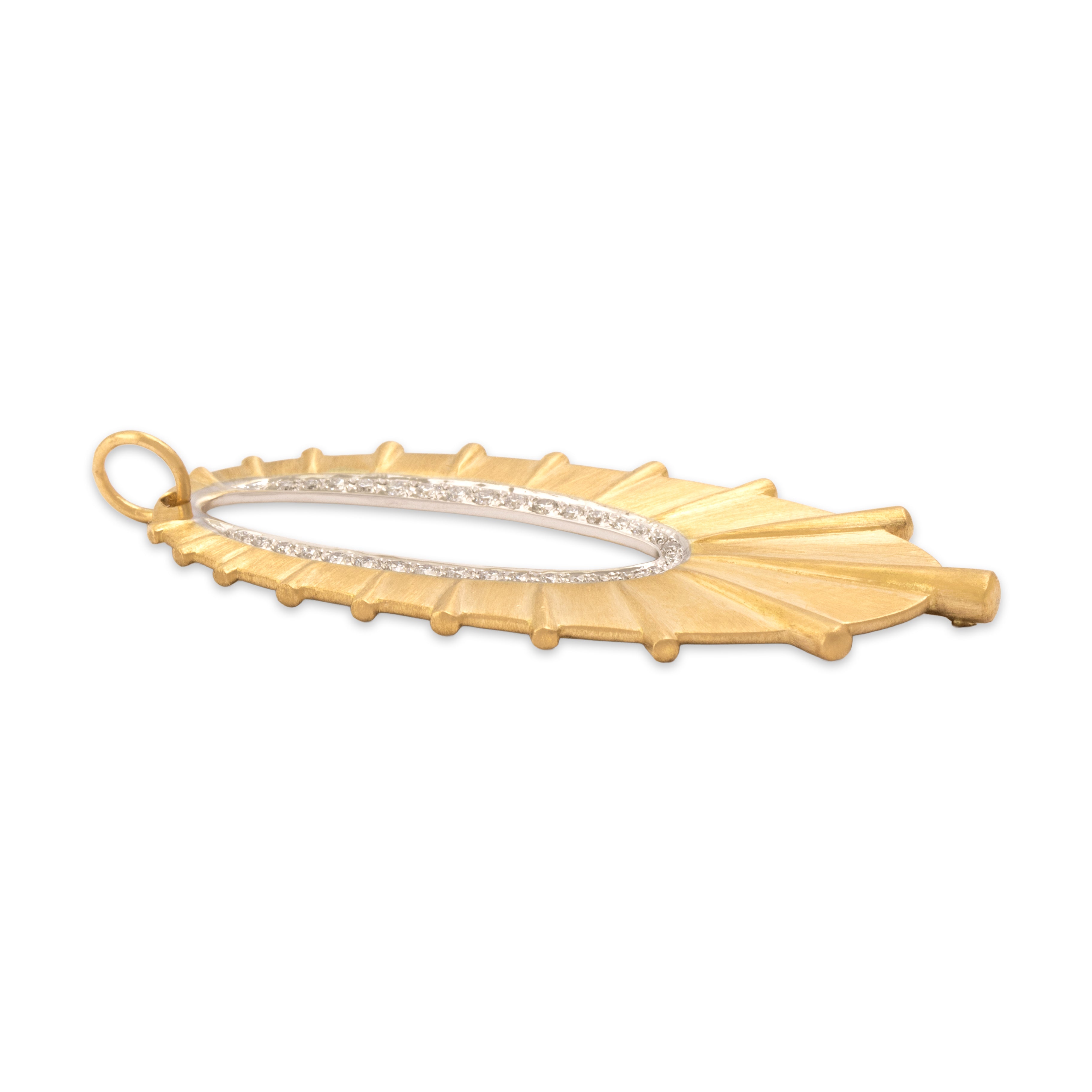 Vintage 18k Yellow & White Gold Diamond Brushed Dazzling Oval Sunburst Pendant - Side view