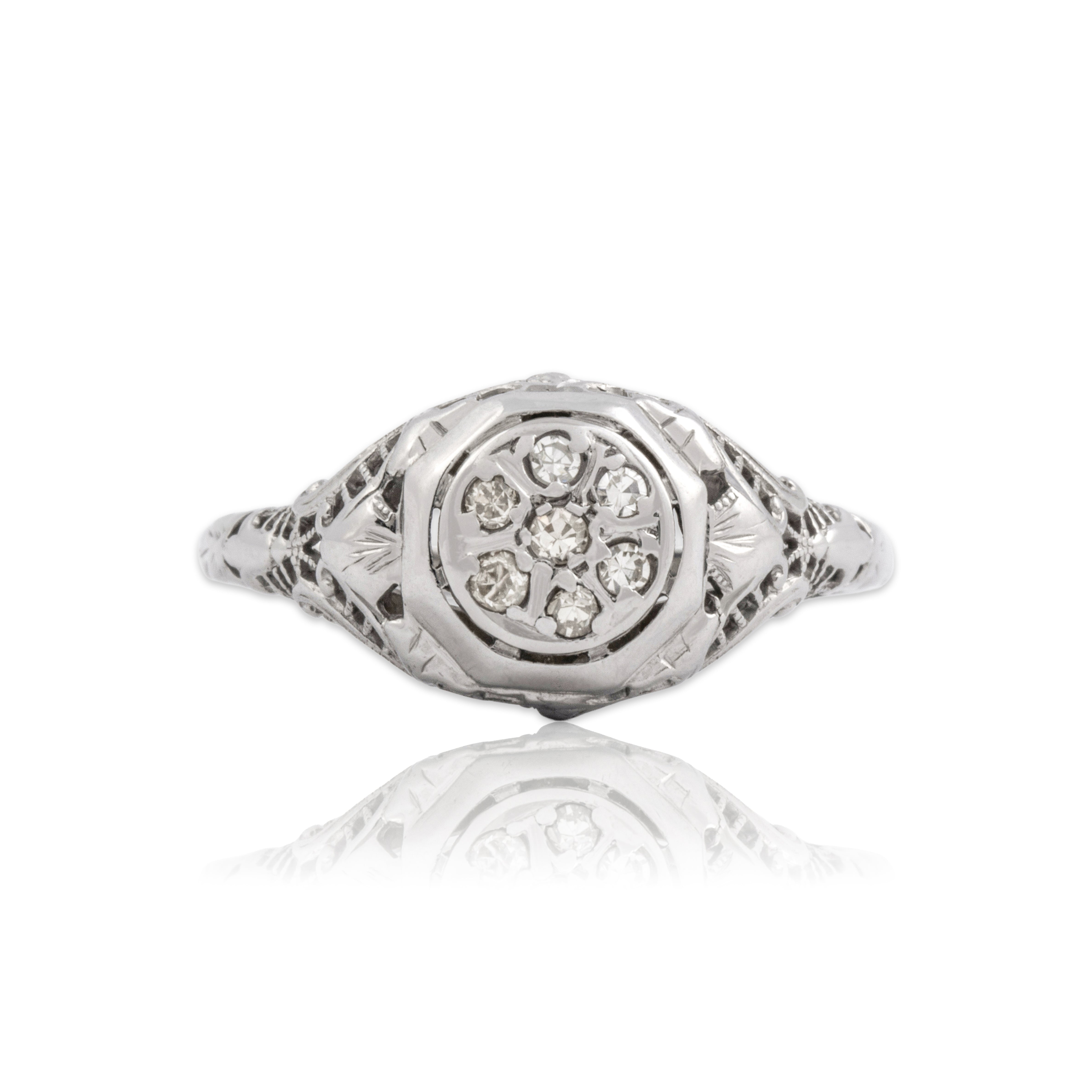 Antique Art Deco 18k White Gold Diamond Ornate Openwork Filigree Cluster Ring 8.75