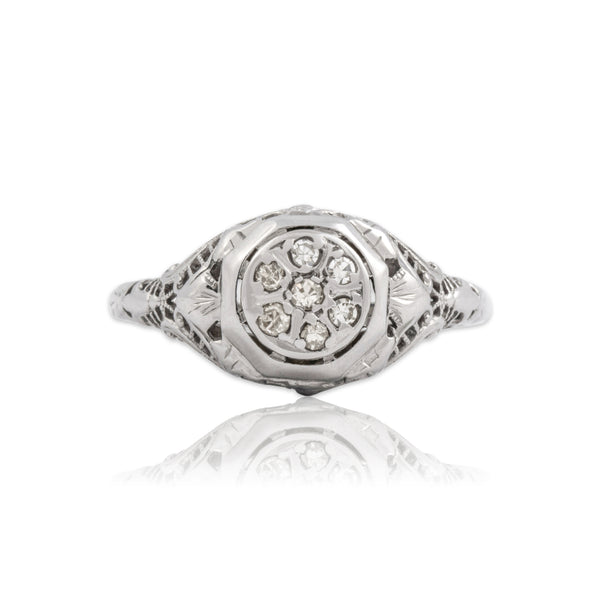 Antique Art Deco 18k White Gold Diamond Ornate Openwork Filigree Cluster Ring 8.75
