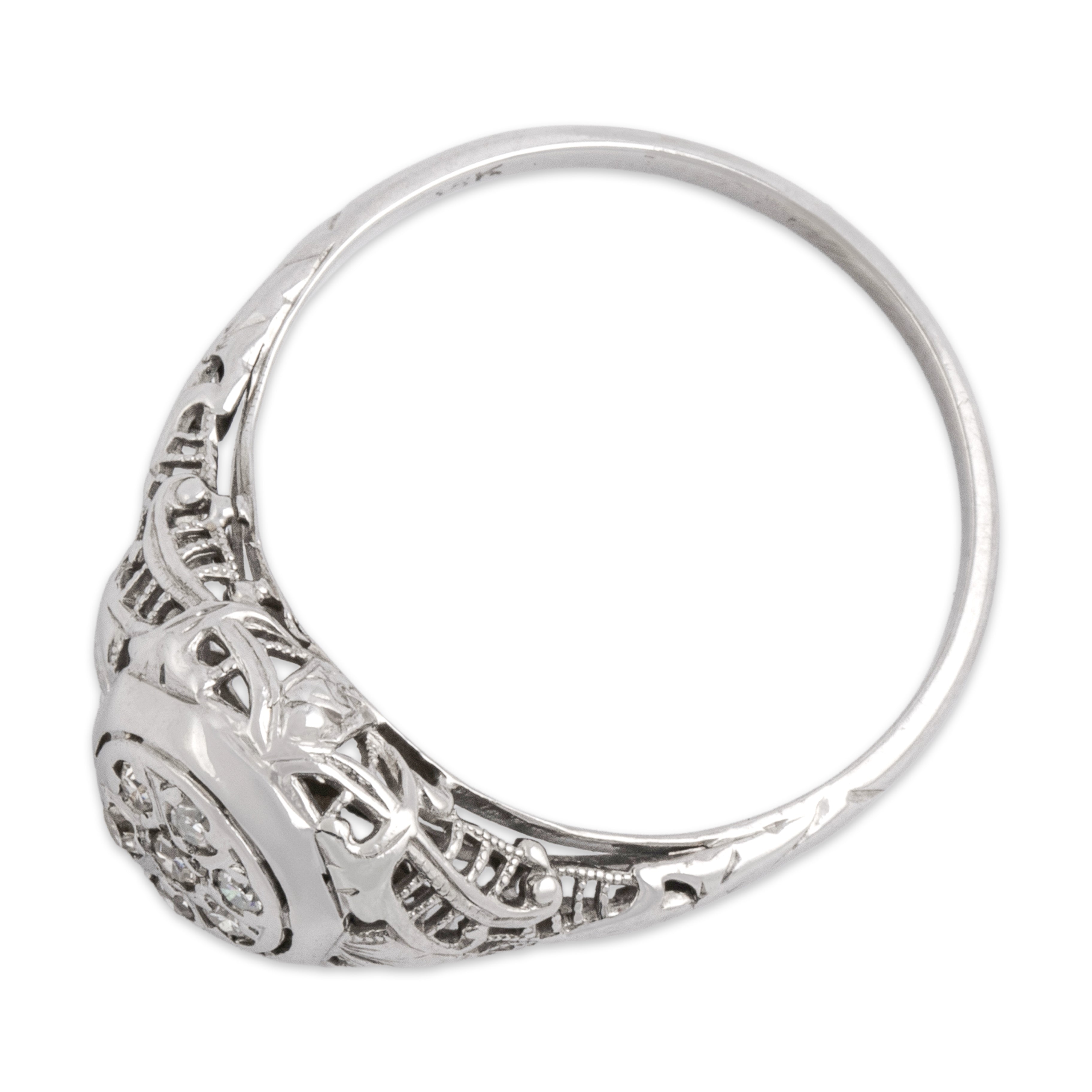 Antique Art Deco 18k White Gold Diamond Ornate Openwork Filigree Cluster Ring - Overall view