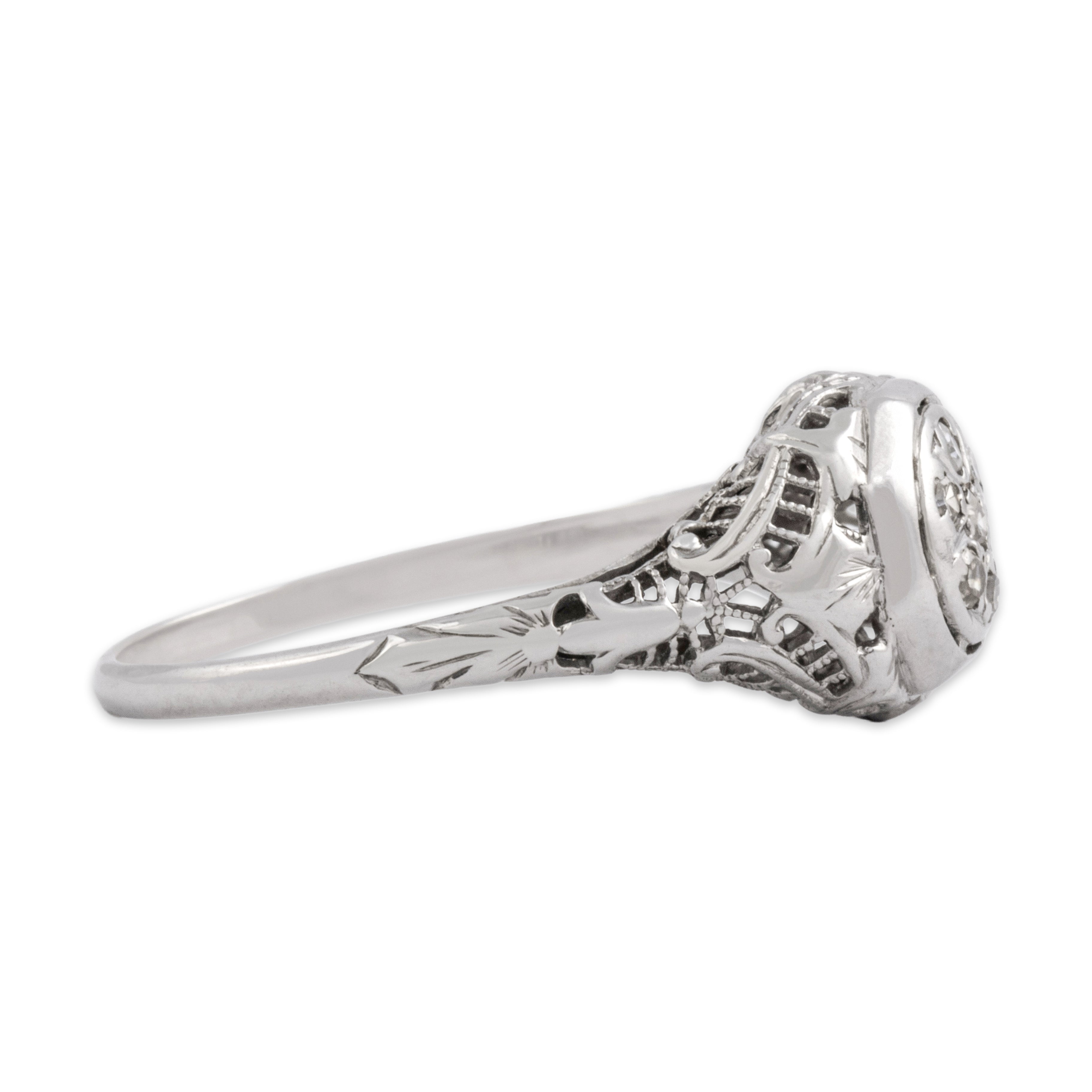Antique Art Deco 18k White Gold Diamond Ornate Openwork Filigree Cluster Ring - Side view