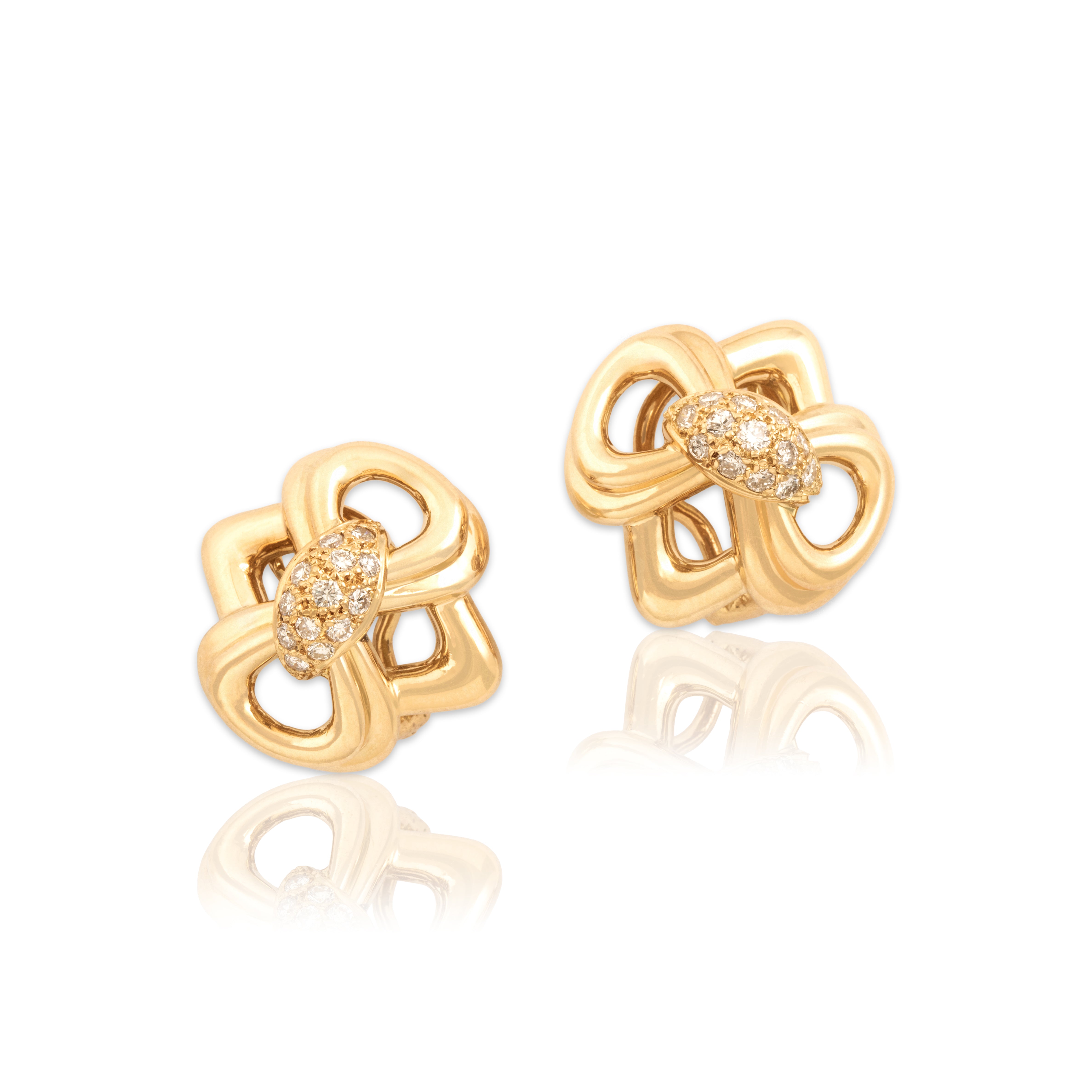 Vintage 18k Yellow Gold Diamond Statement Geometric Pavã© Bow Omega-Back Earrings - Close-up view