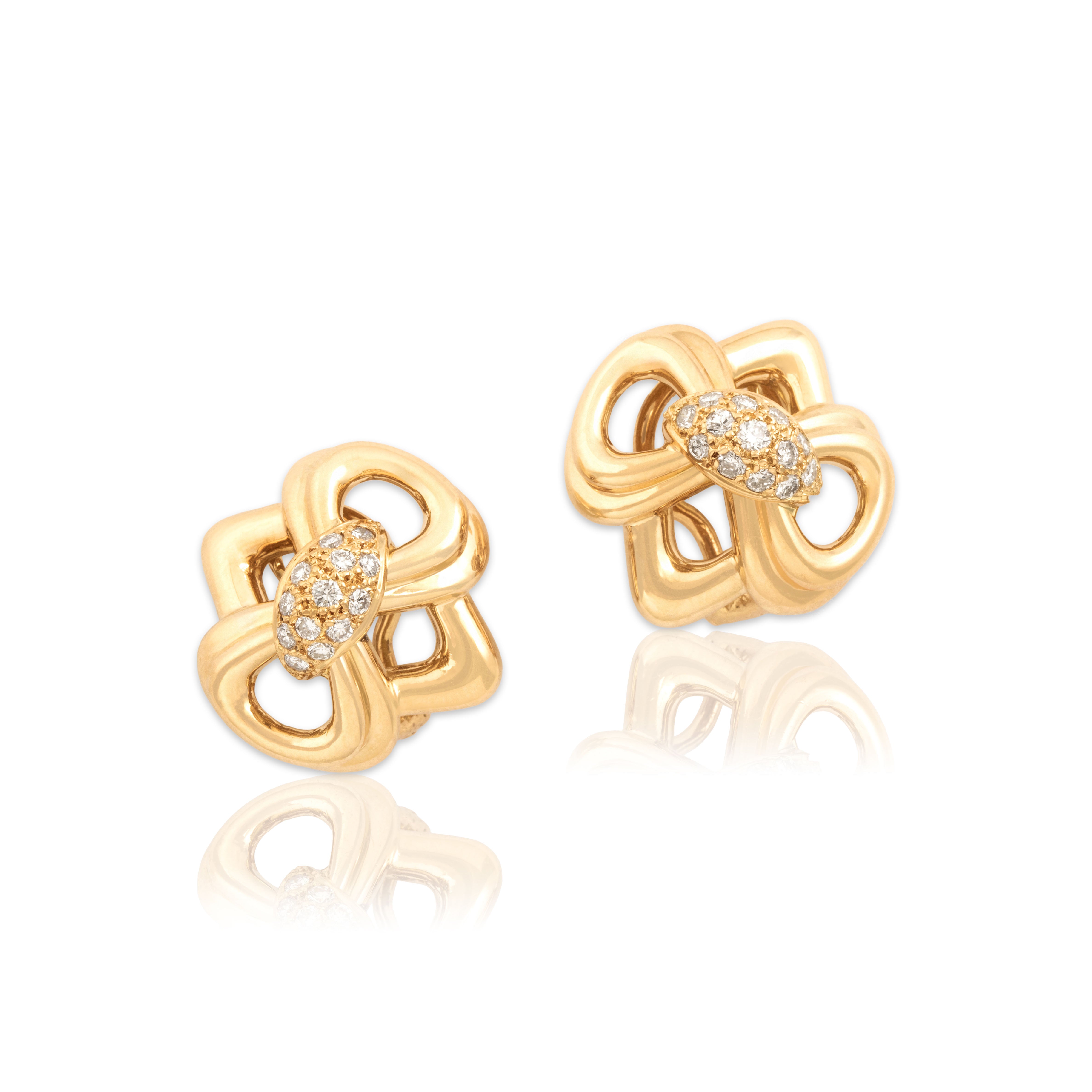 Vintage French 18k Yellow Gold Diamond Statement Geometric Pavé Bow Omega-Back Earrings