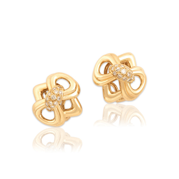Vintage 18k Yellow Gold Diamond Statement Geometric Pavé Bow Omega-Back Earrings