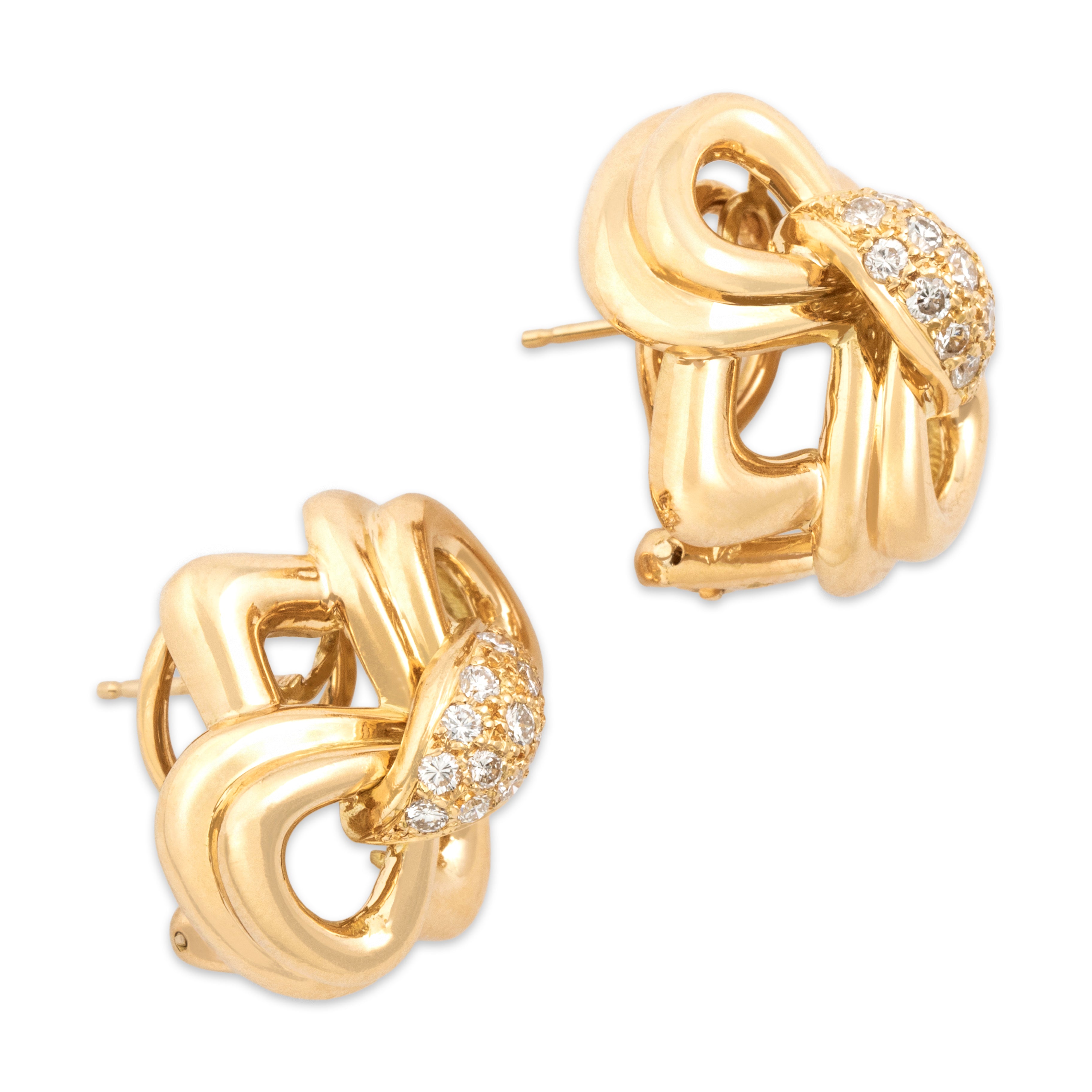 Vintage 18k Yellow Gold Diamond Statement Geometric Pavã© Bow Omega-Back Earrings - Side view