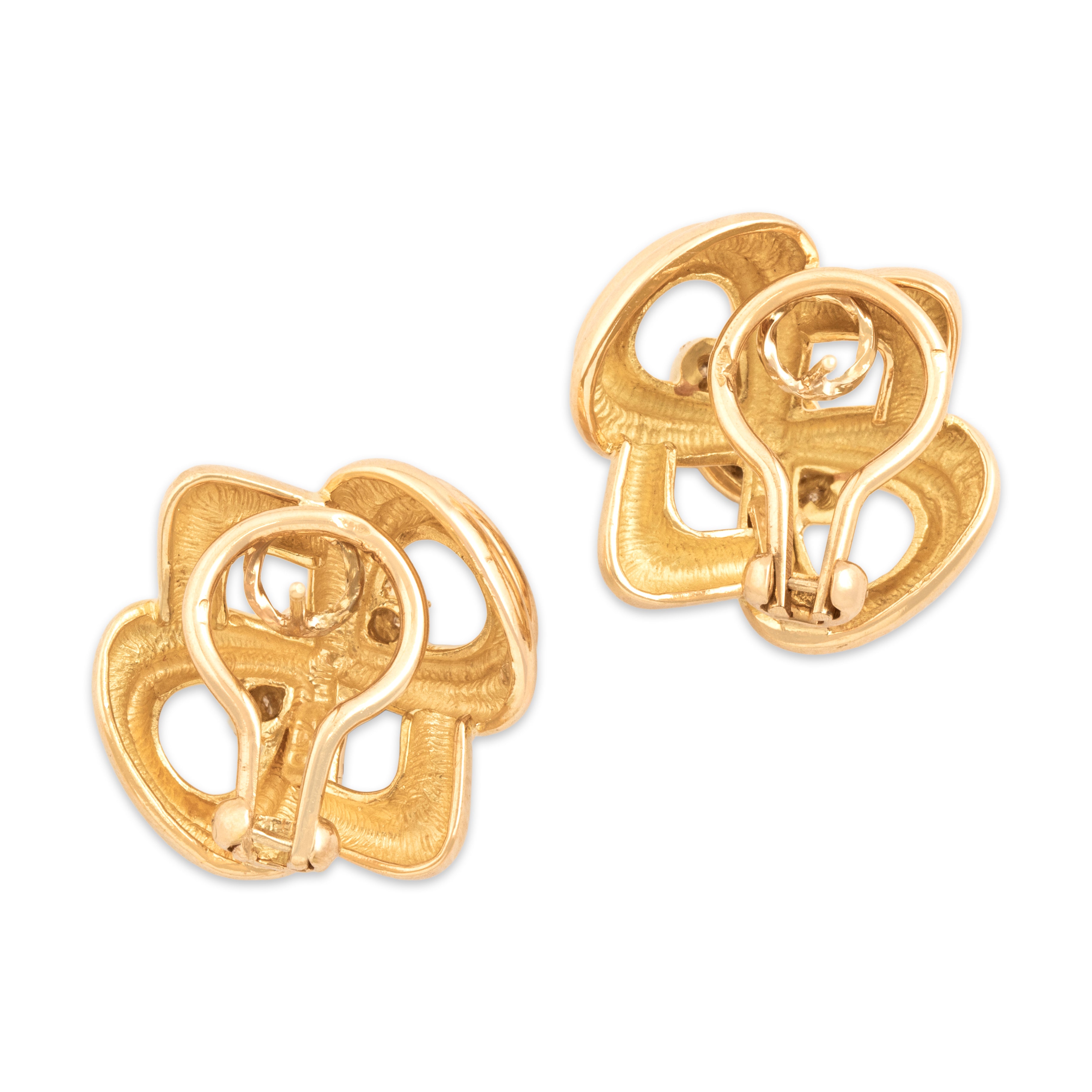 Vintage 18k Yellow Gold Diamond Statement Geometric Pavã© Bow Omega-Back Earrings - Back view