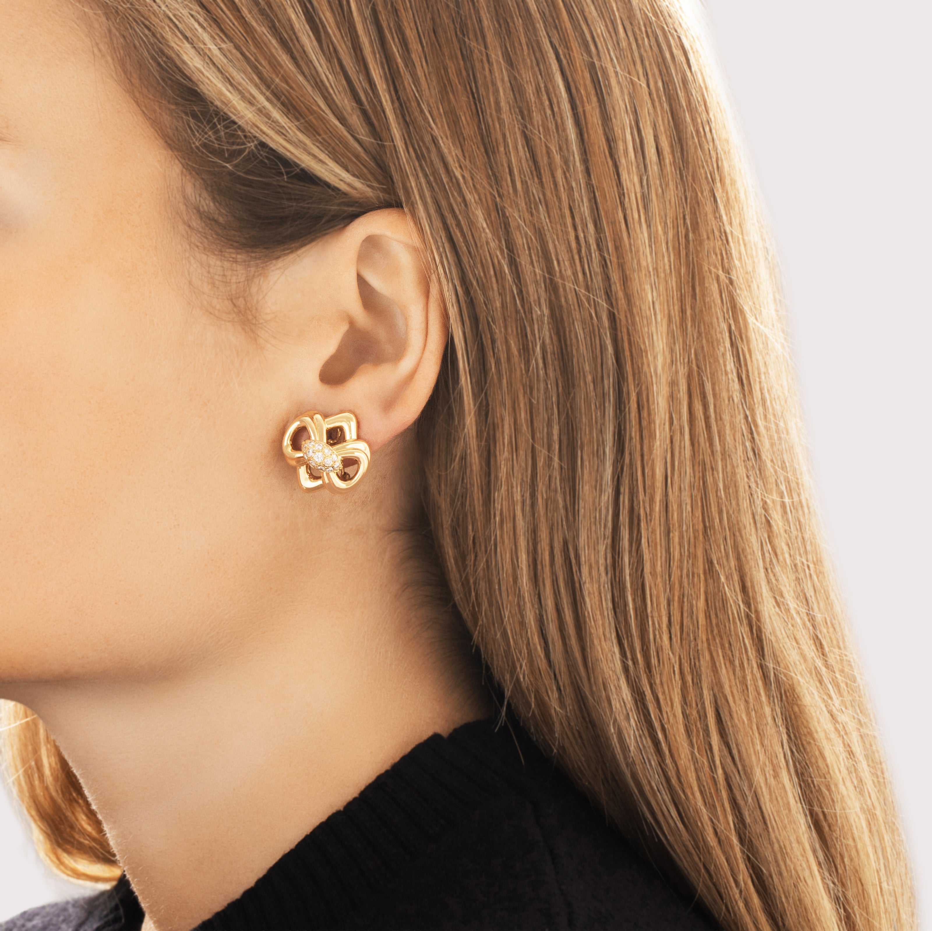 Vintage 18k Yellow Gold Diamond Statement Geometric Pavã© Bow Omega-Back Earrings - On model view