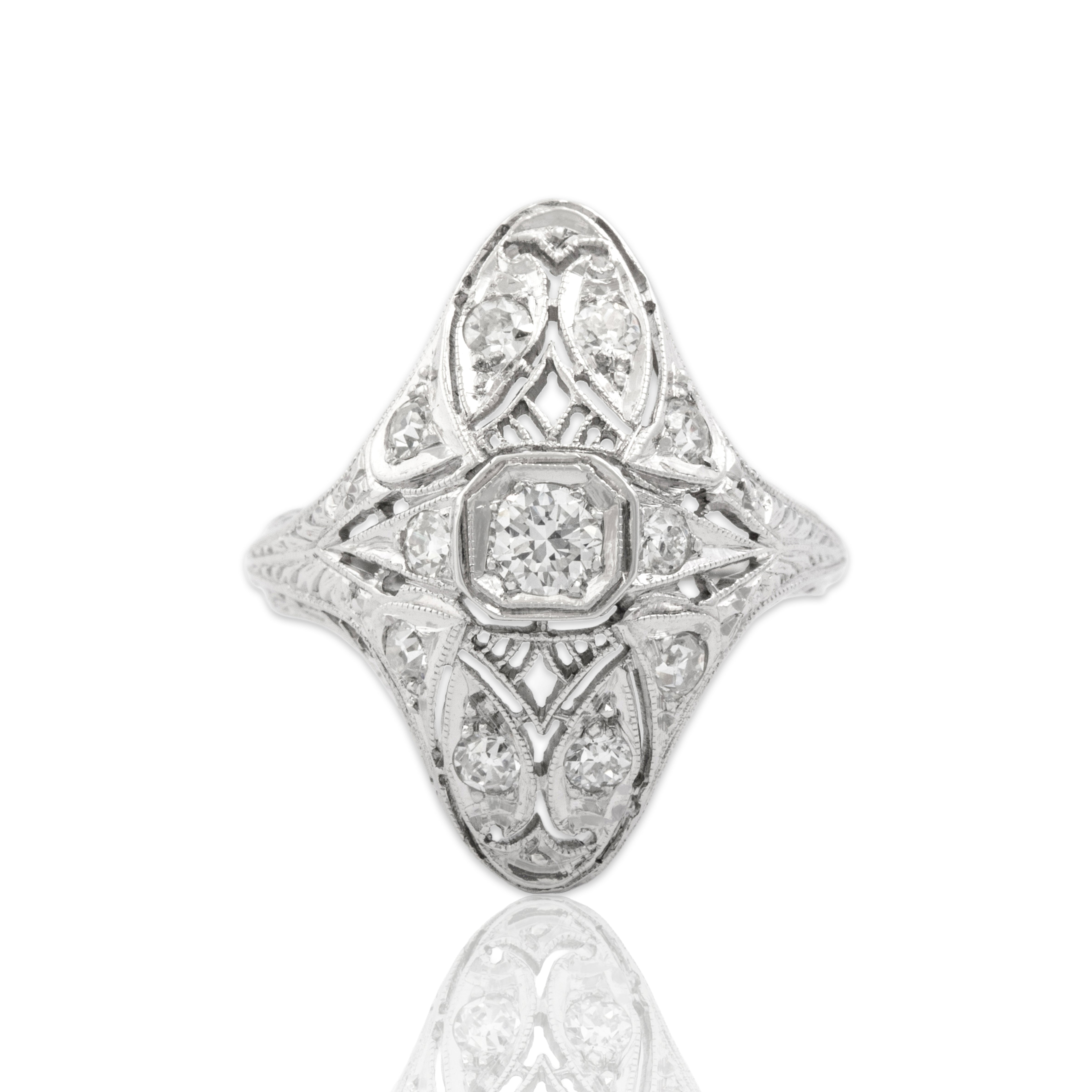 Antique Art Deco Belais 18k White Gold Old Mine Cut Diamond Intricate Engraved Milgrain Ring - Close-up view