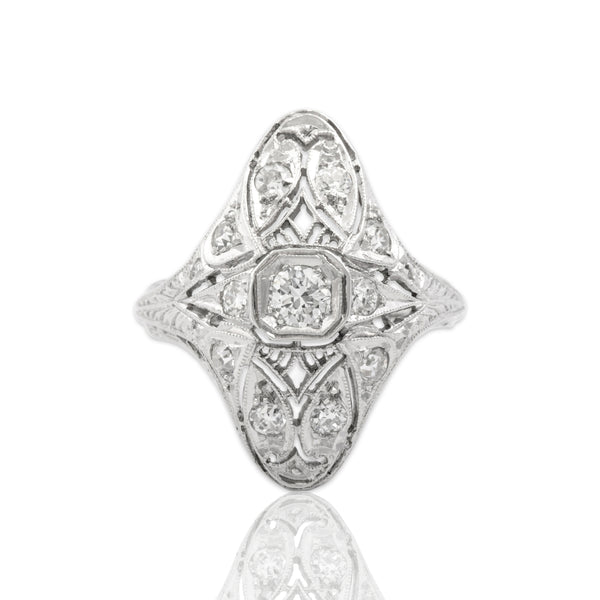Antique Art Deco Belais 18k White Gold Old Mine Cut Diamond Milgrain Ring 5.25