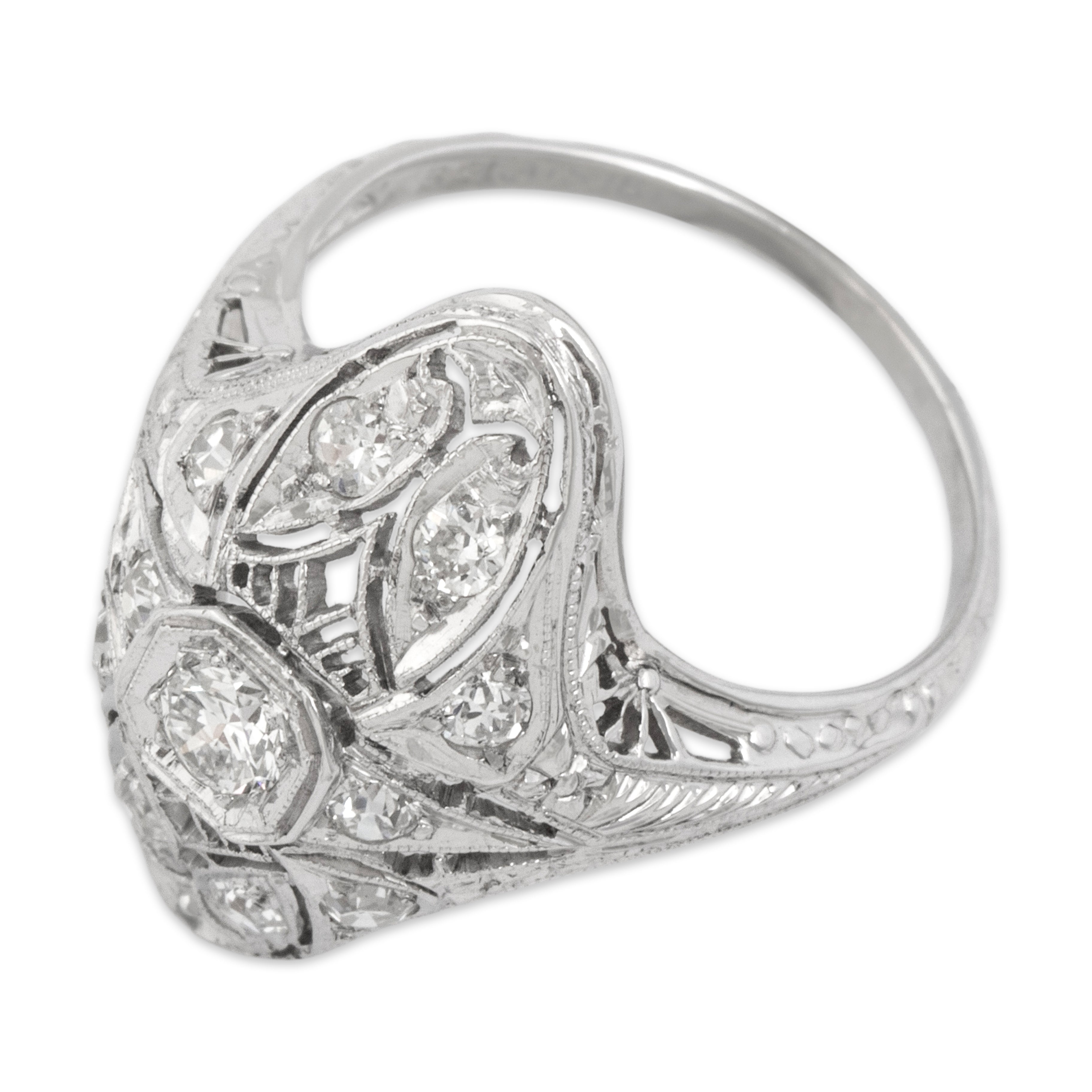 Antique Art Deco Belais 18k White Gold Old Mine Cut Diamond Intricate Engraved Milgrain Ring - Overall view