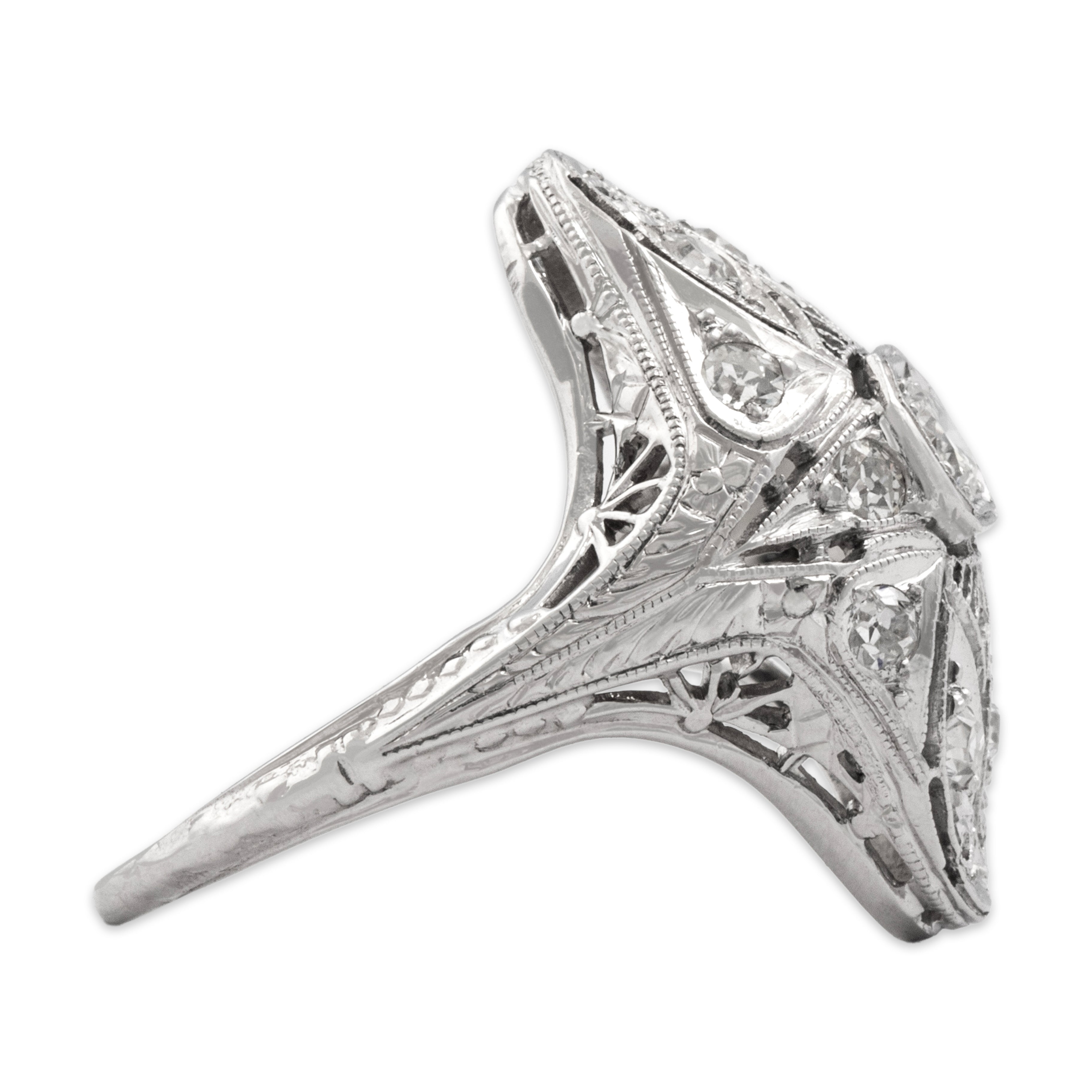 Antique Art Deco Belais 18k White Gold Old Mine Cut Diamond Intricate Engraved Milgrain Ring - Side view