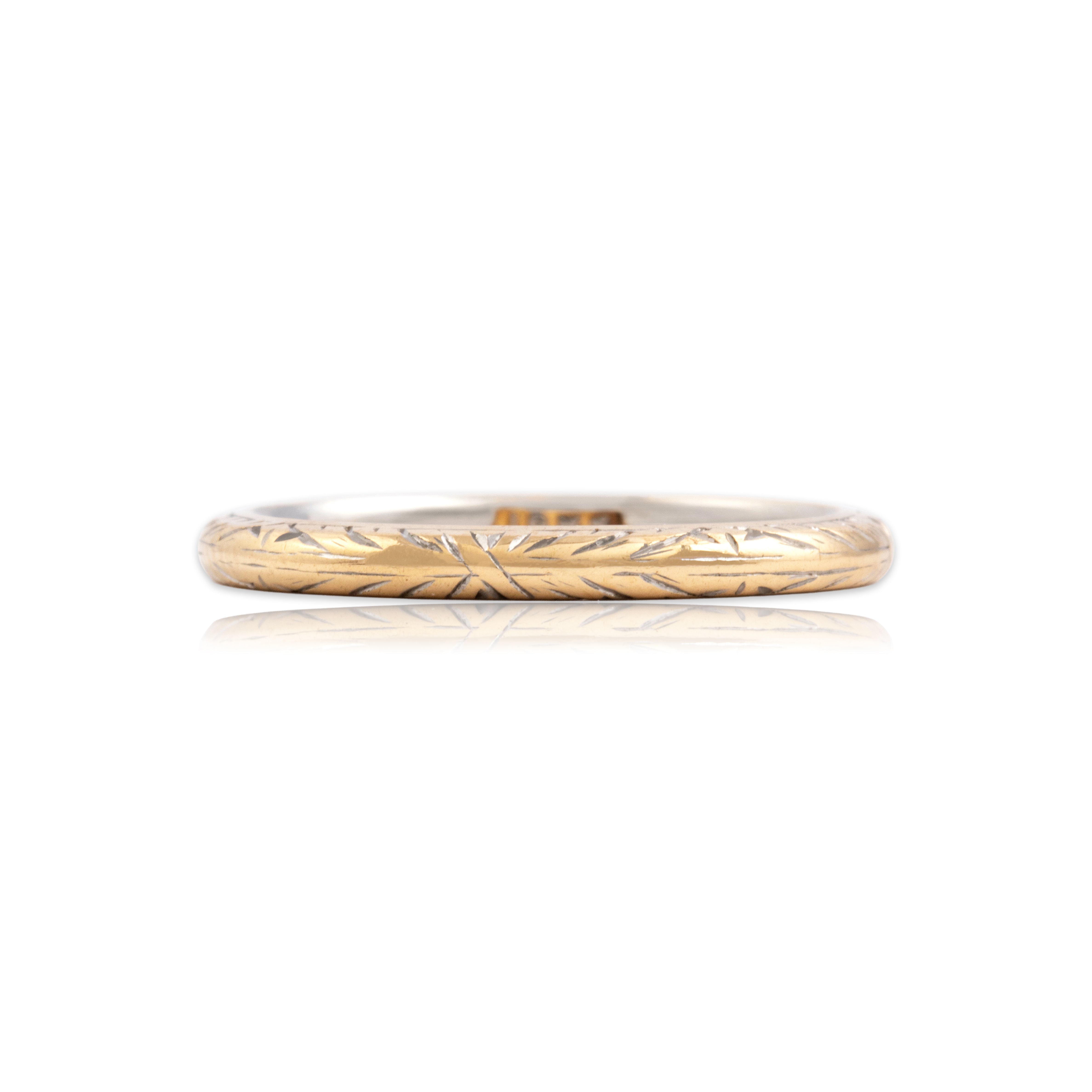 Antique 18k Yellow & White Gold Rounded Dimensional Etched Eternity Band Ring - Close-up view