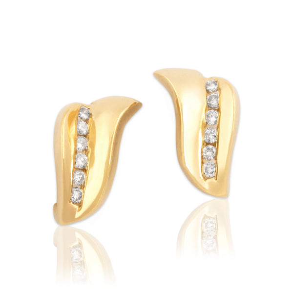 Vintage 14k Yellow Gold Diamond Artistic Channel Line Partial Huggie Earrings