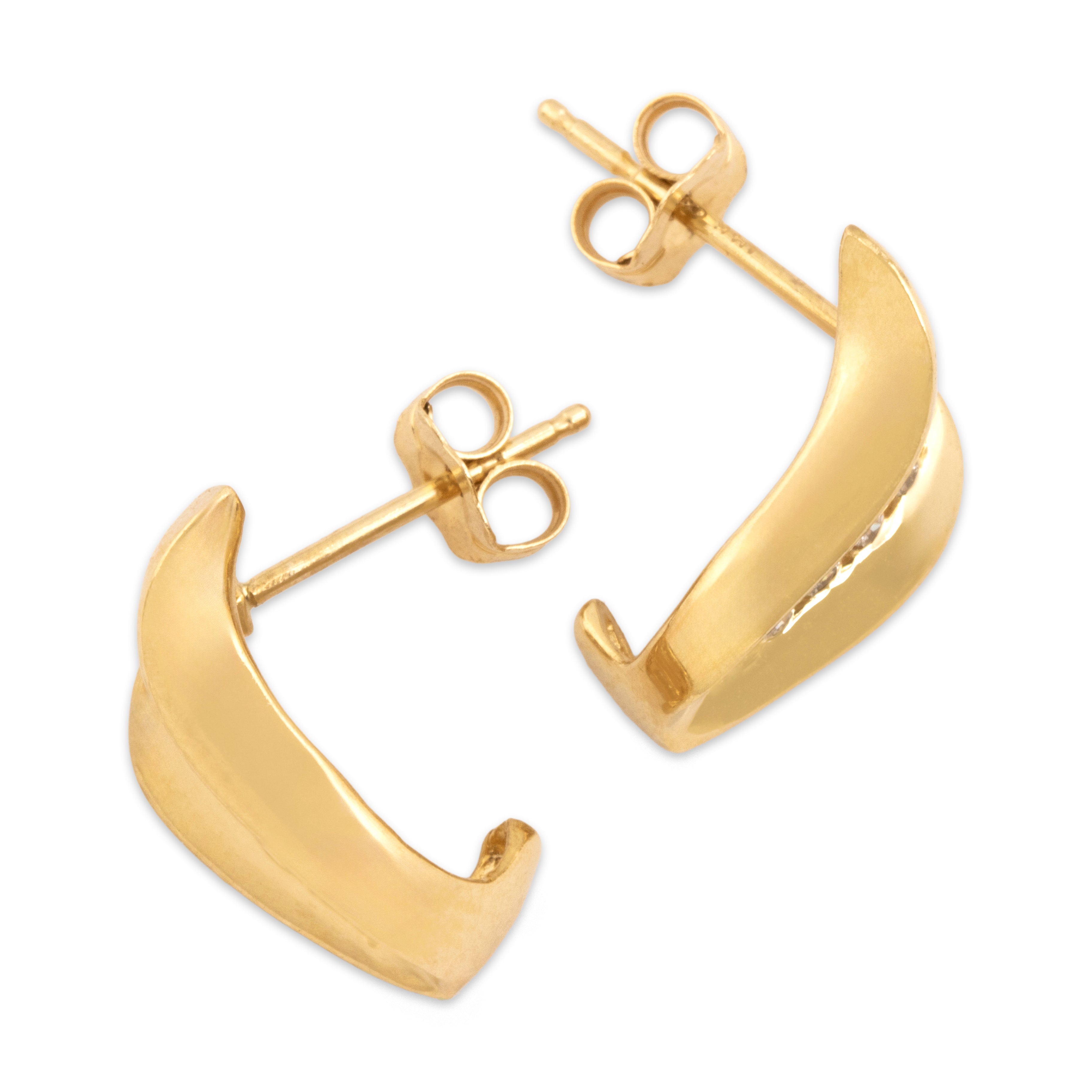 Vintage 14k Yellow Gold Diamond Artistic Channel Line Partial Huggie Earrings - Side view