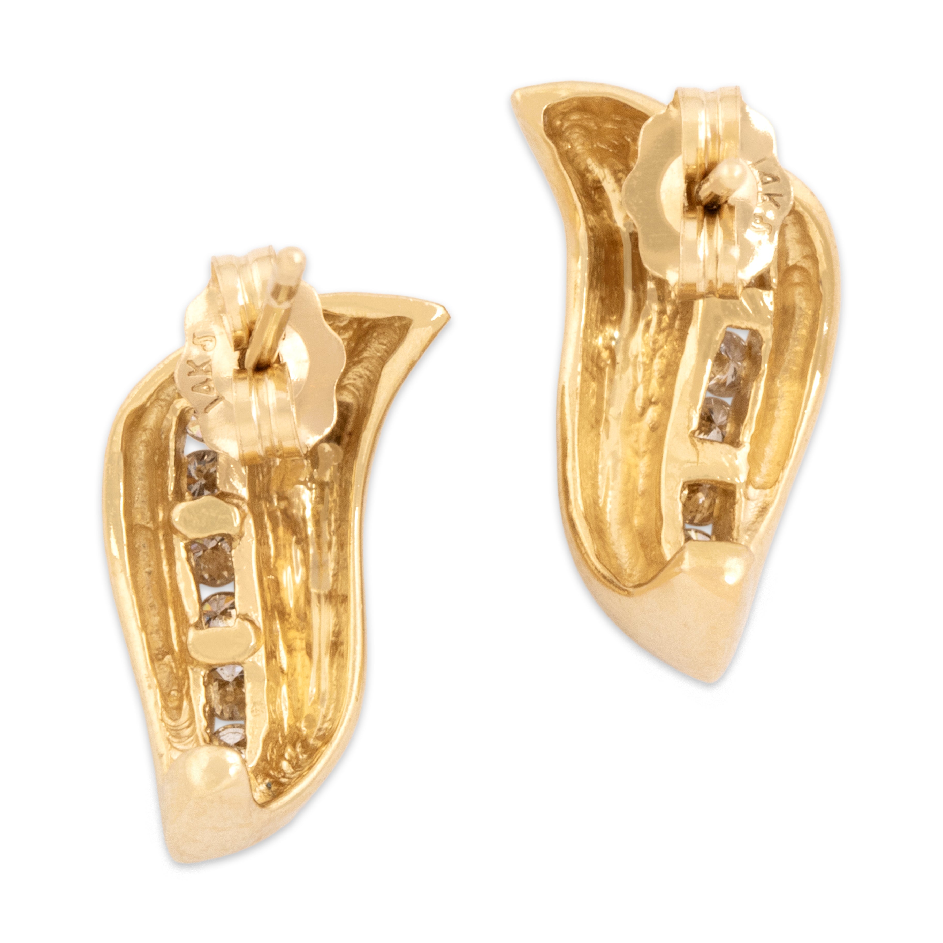 Vintage 14k Yellow Gold Diamond Artistic Channel Line Partial Huggie Earrings - Back view