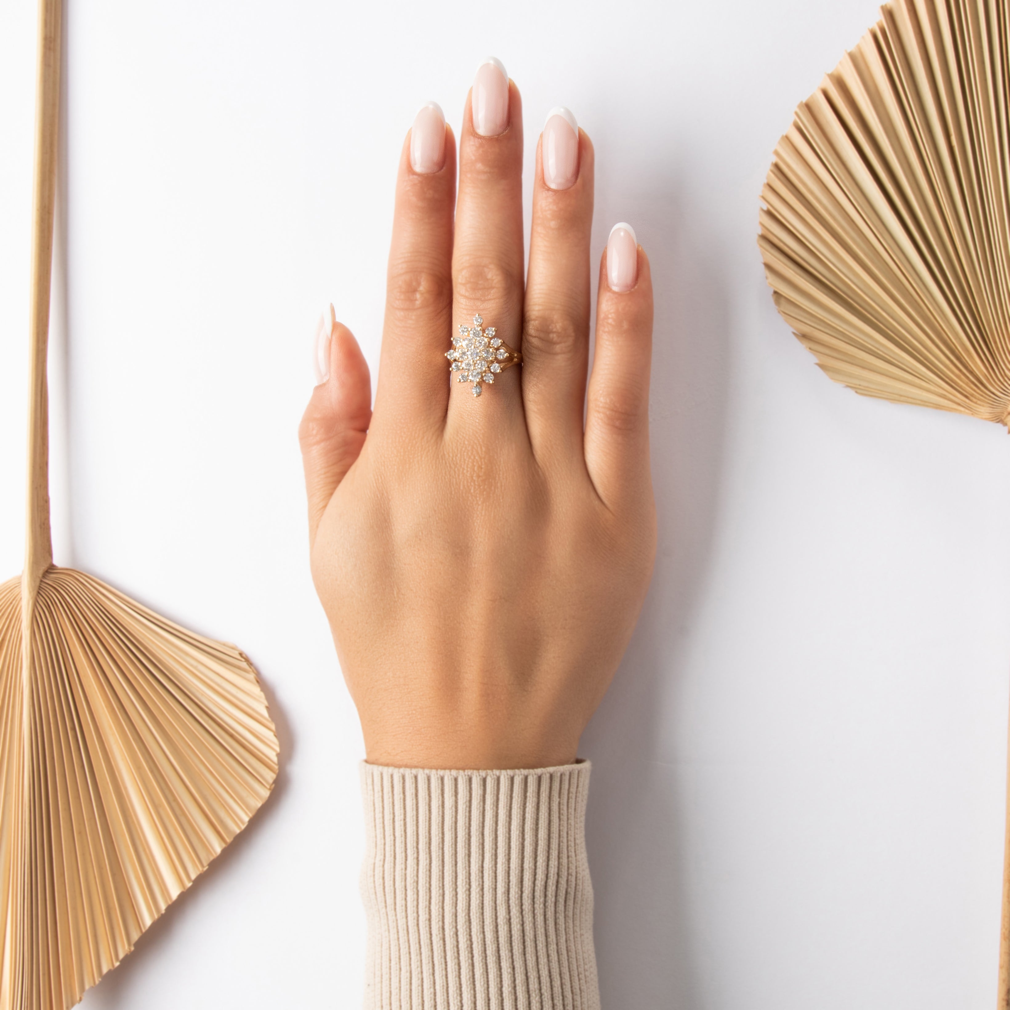 Vintage 14k Yellow Gold 1.9cttw Diamond Dazzling Starry Cluster Cocktail Ring - On model view
