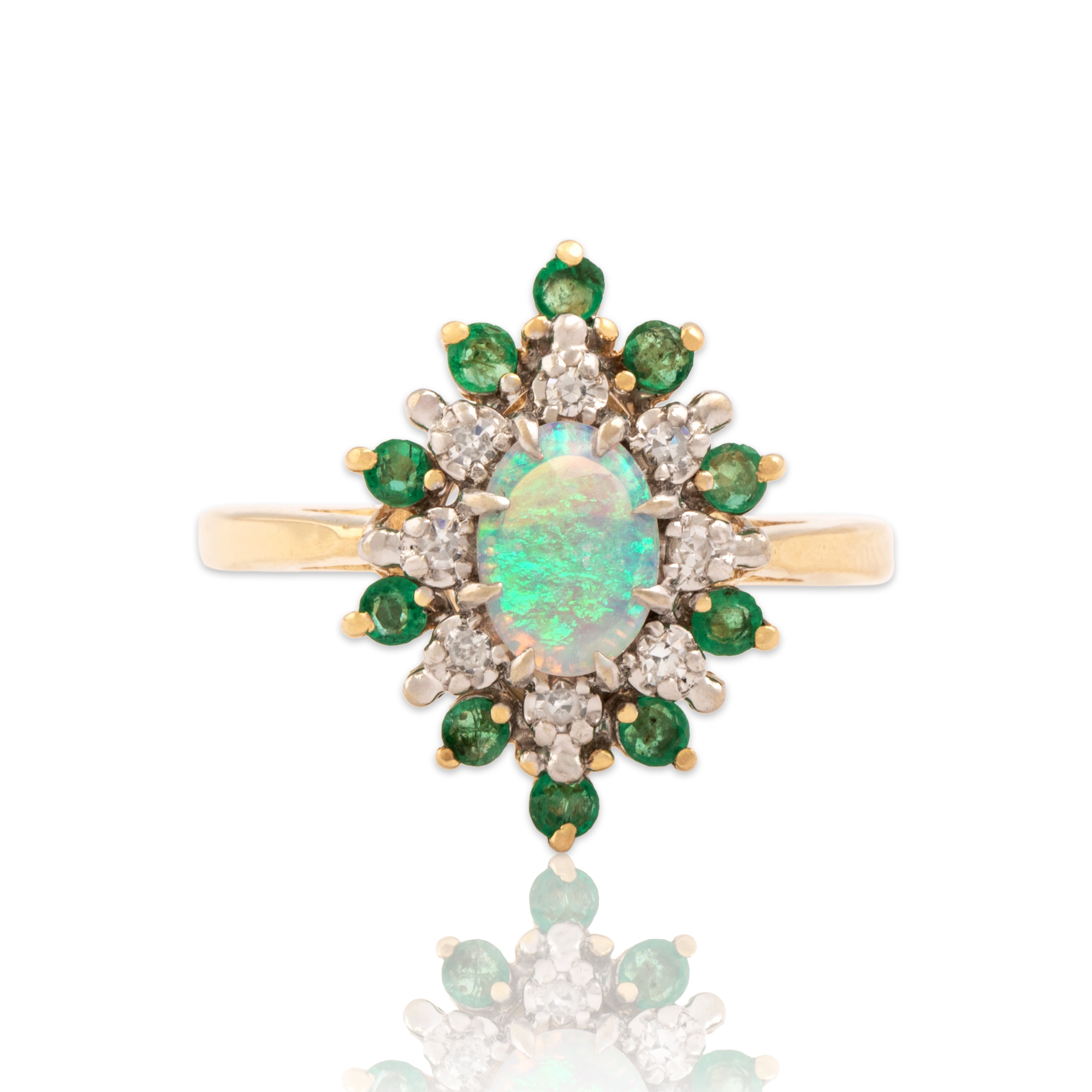 Vintage 14k Yellow Gold Opal Emerald Diamond Evergreen Alternating Halo Ring - Close-up view