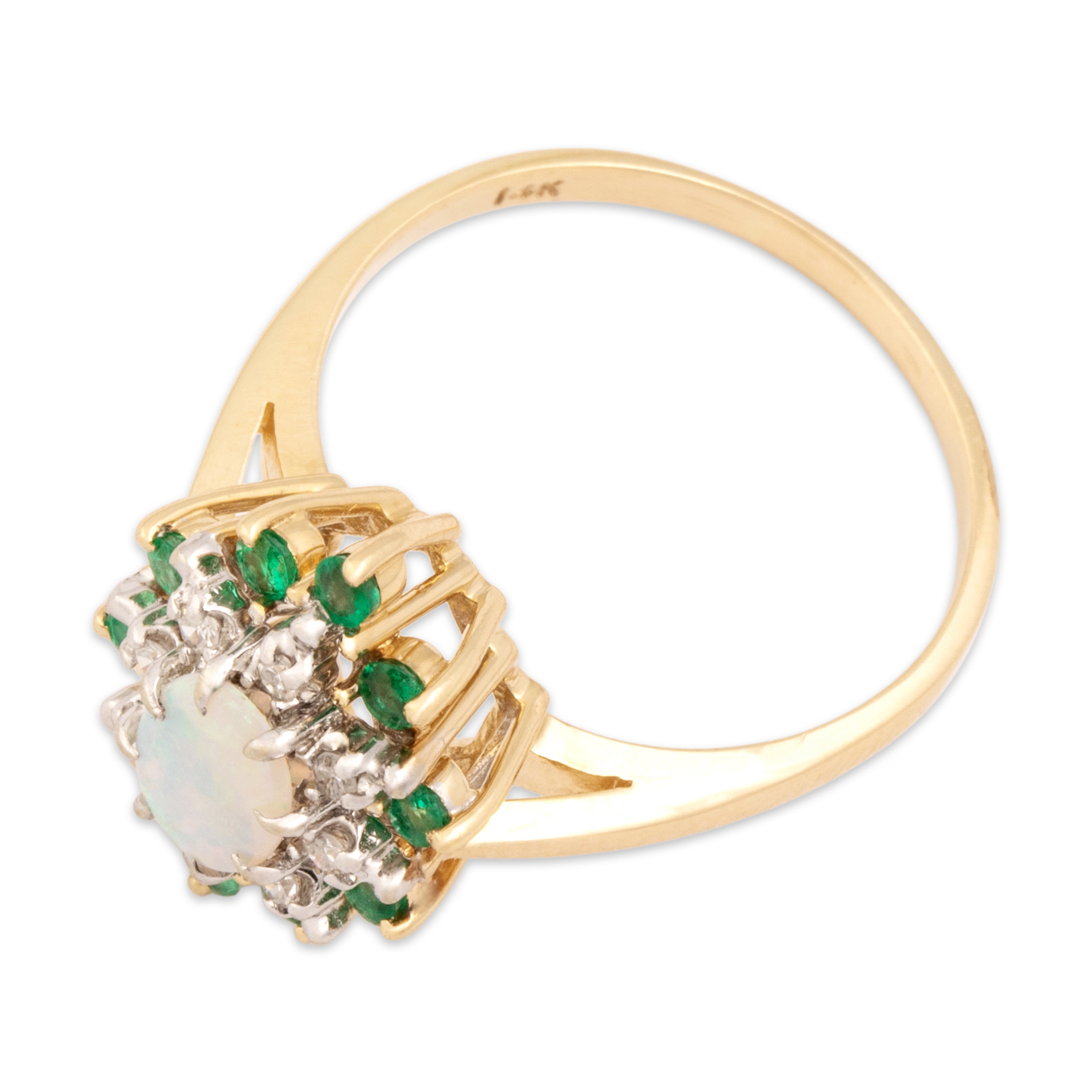 Vintage 14k Yellow Gold Opal Emerald Diamond Evergreen Alternating Halo Ring - Overall view