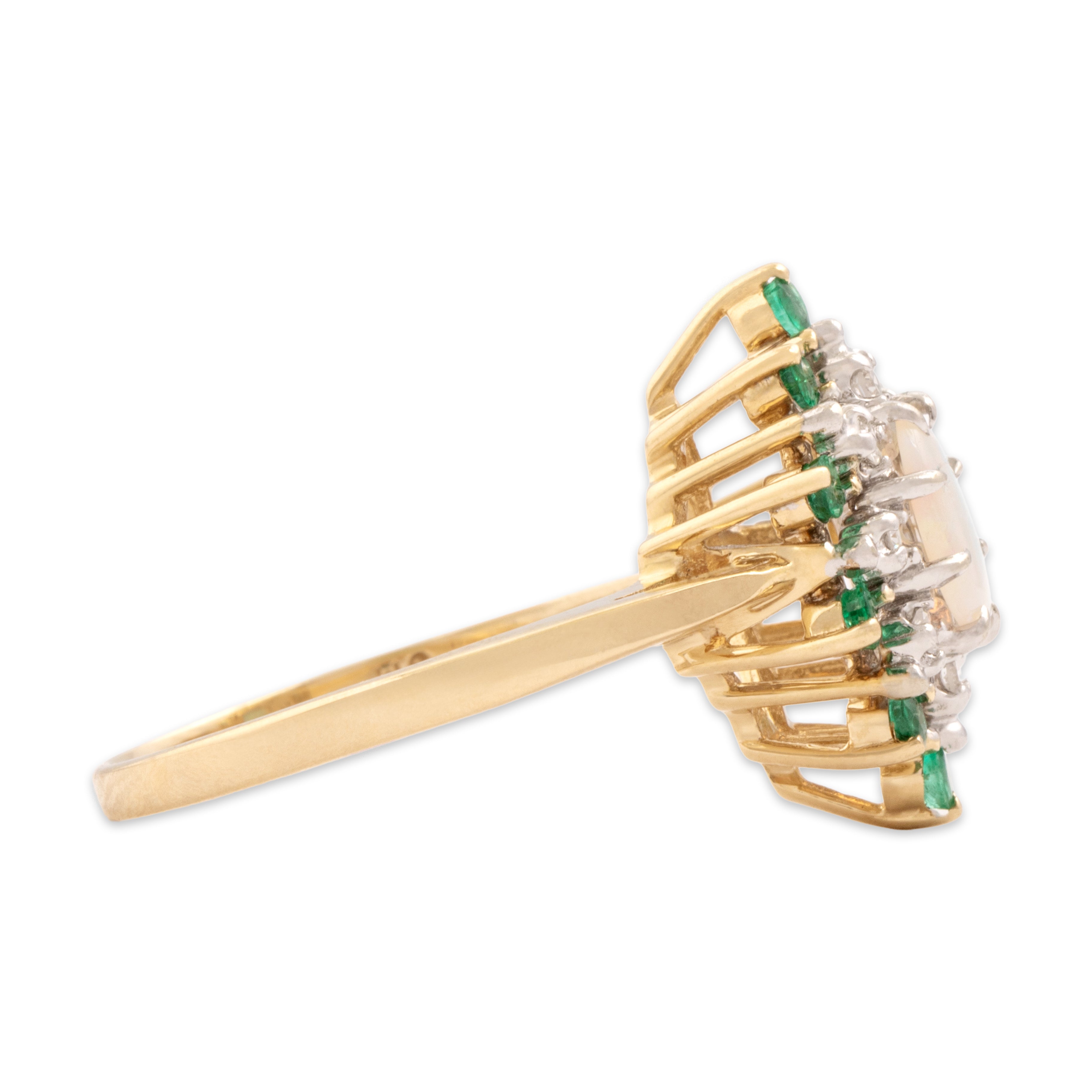 Vintage 14k Yellow Gold Opal Emerald Diamond Evergreen Alternating Halo Ring - Side view