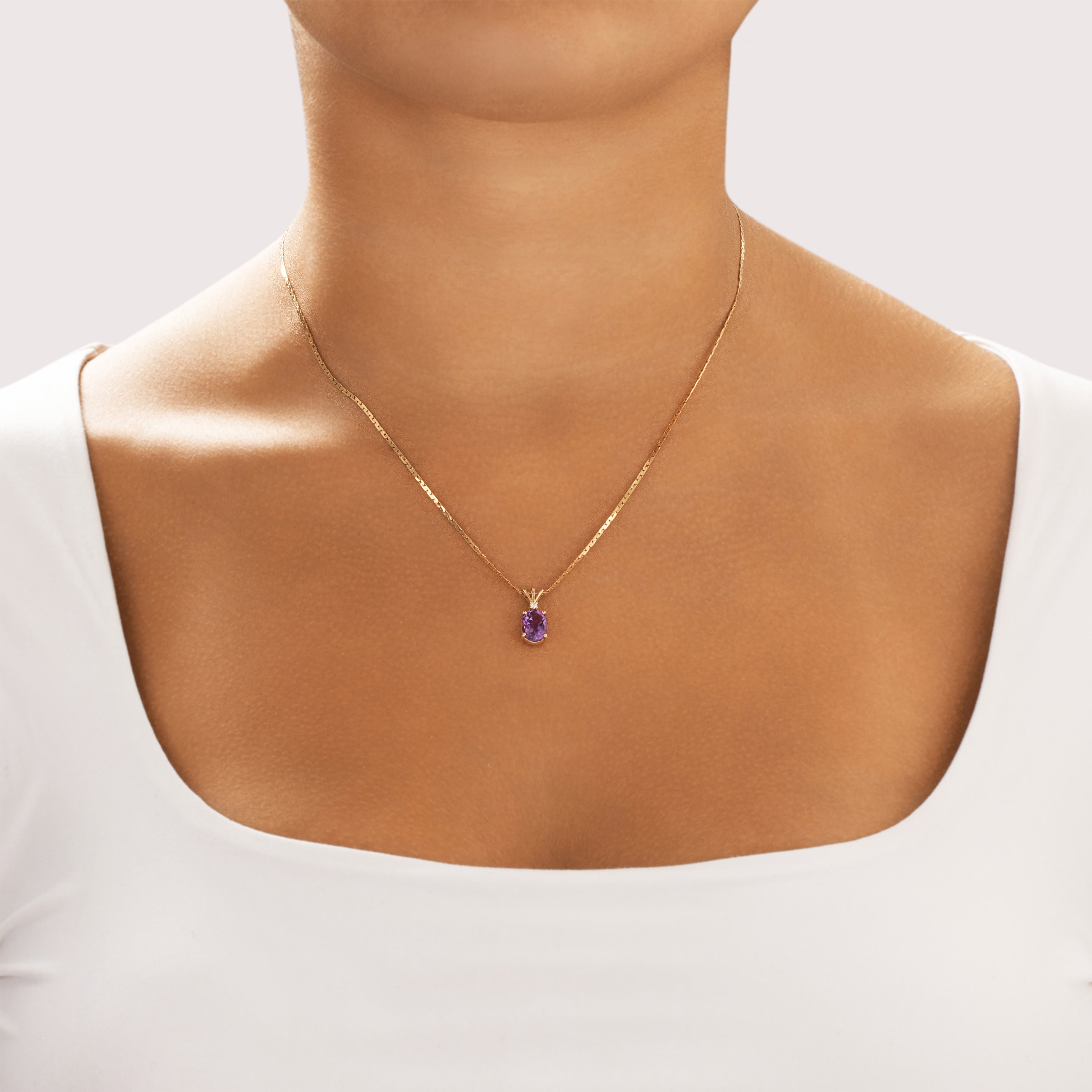 Vintage 14k Yellow Gold 1.62ct Amethyst Diamond Sweet Trio Bail Drop Necklace - On model view