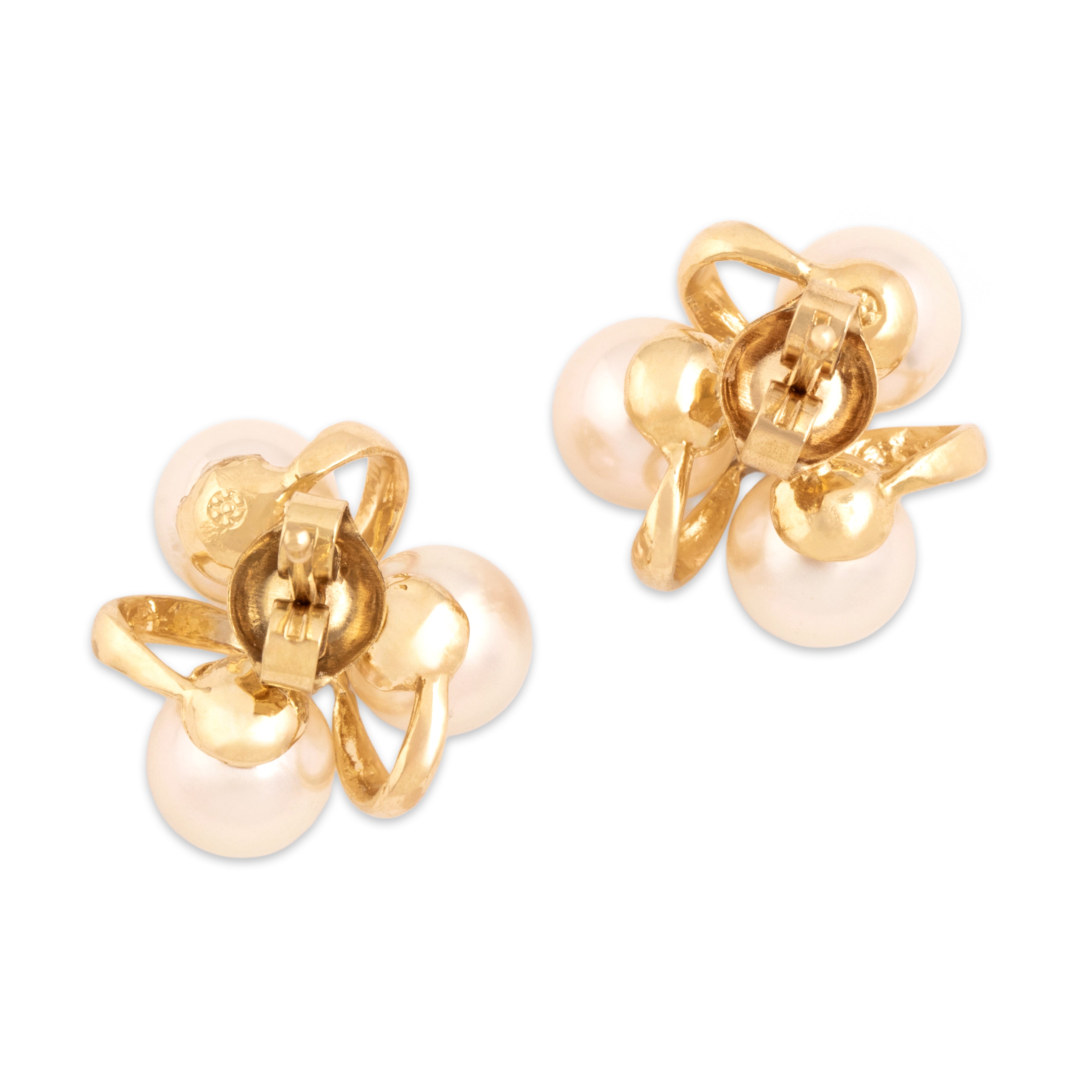 Vintage 14k Yellow Gold Pearl Diamond Luminous Swooping Trefoil Stud Earrings - Back view