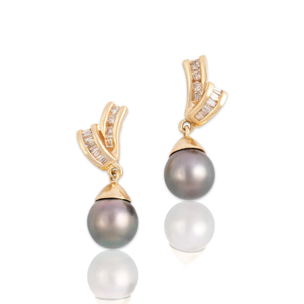 Vintage 14k Yellow Gold Diamond Gray Pearl Lustrous Ribbon Dangle Earrings