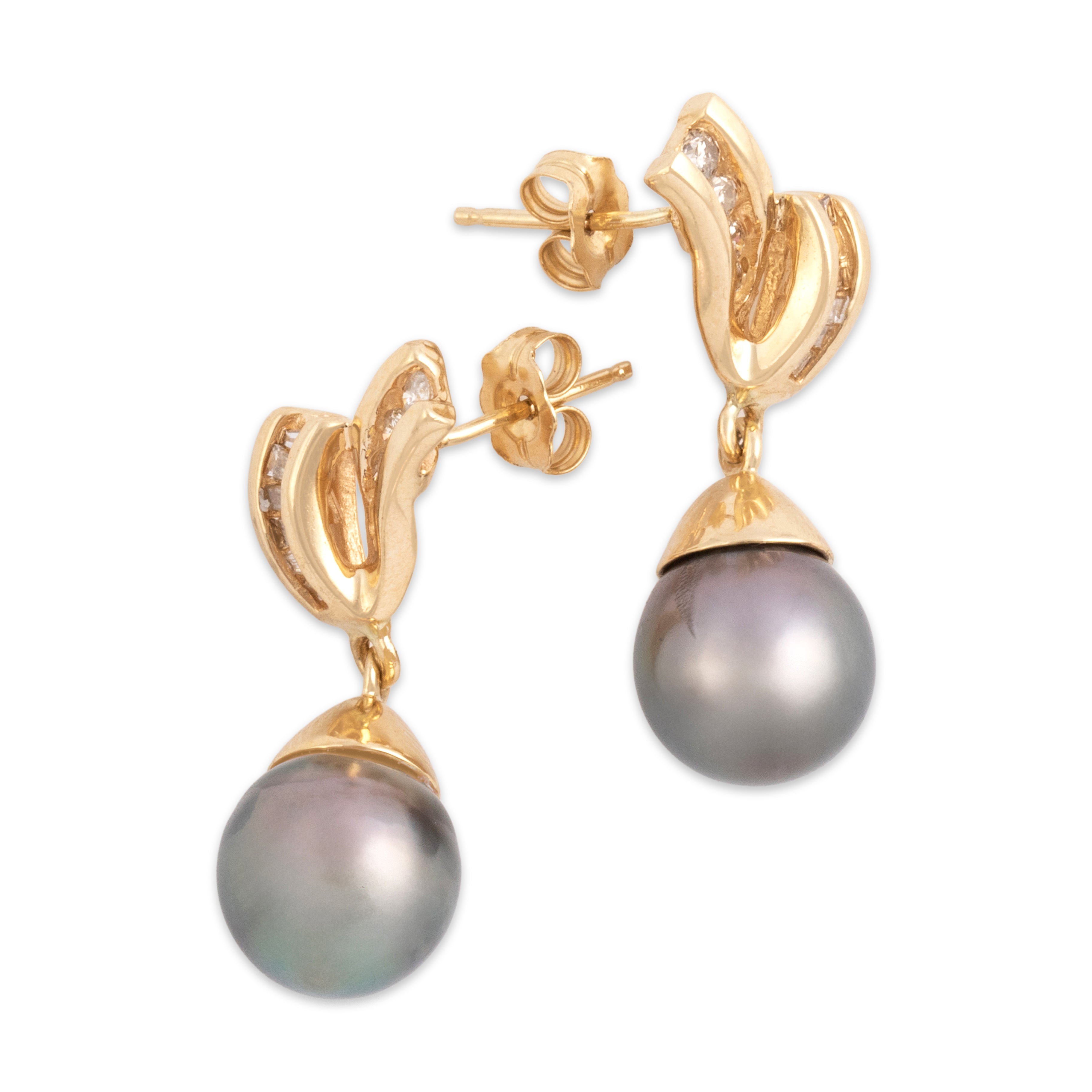 Vintage 14k Yellow Gold Diamond Gray Pearl Lustrous Ribbon Dangle Earrings - Overall view