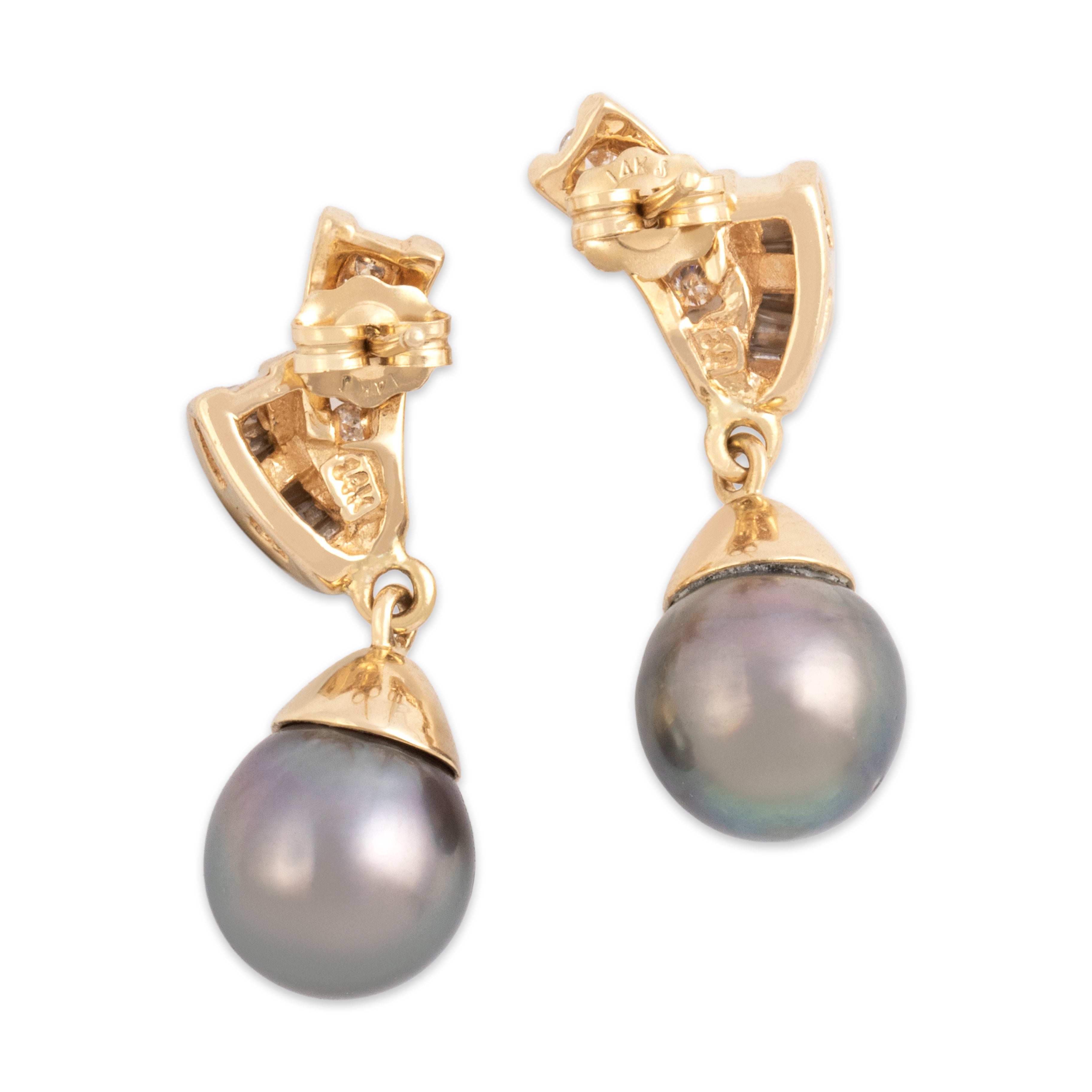Vintage 14k Yellow Gold Diamond Gray Pearl Lustrous Ribbon Dangle Earrings - Back view