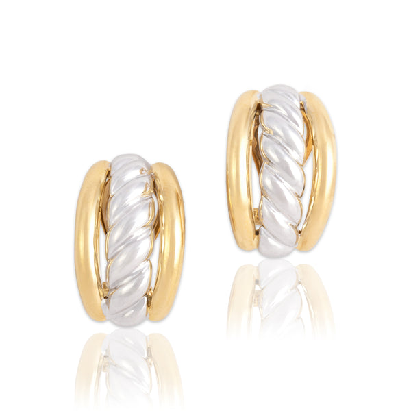 Vintage Substantial 18k Yellow & White Gold Gleaming Cabled Omega Back Earrings