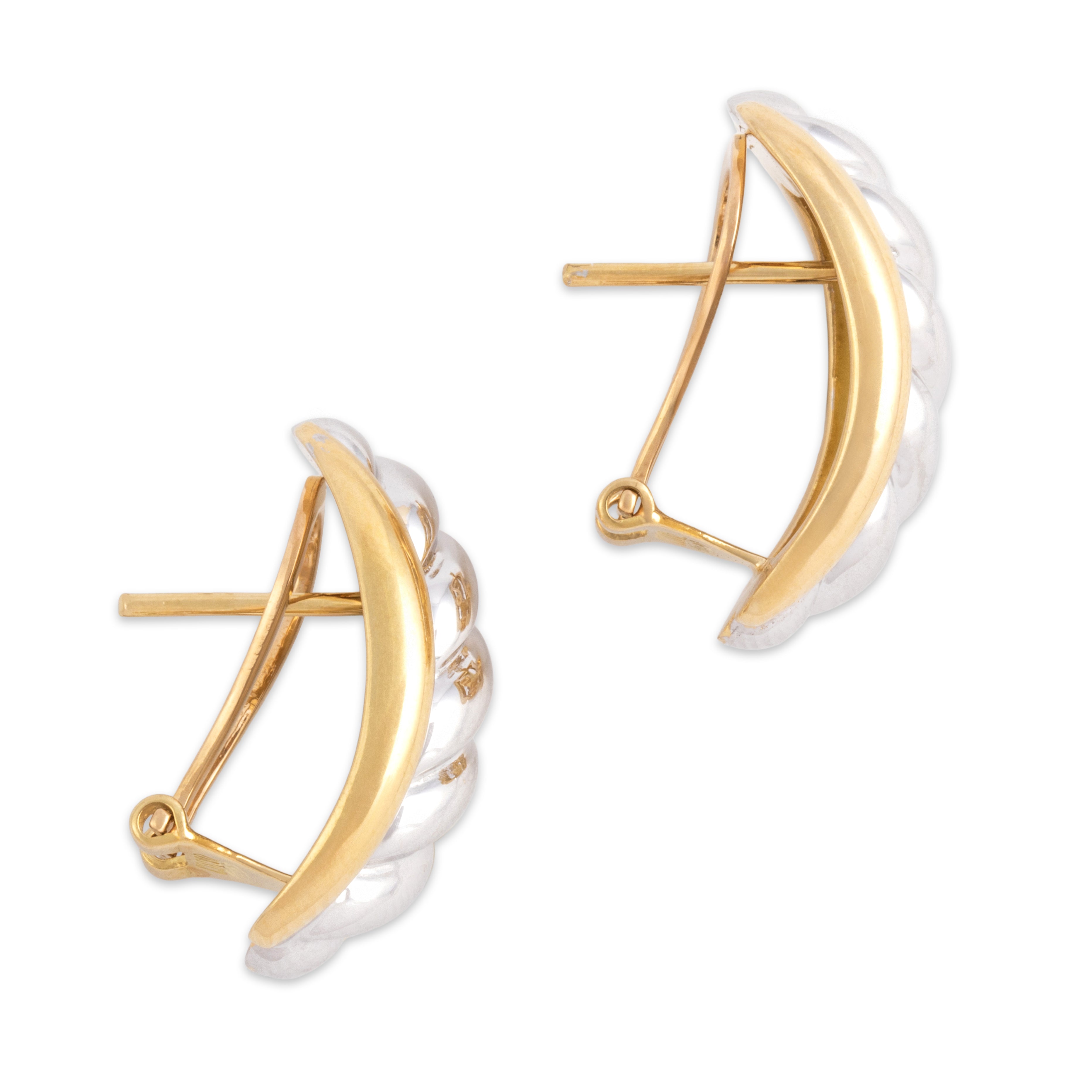 Vintage Substantial 18k Yellow & White Gold Gleaming Cabled Omega Back Earrings - Side view