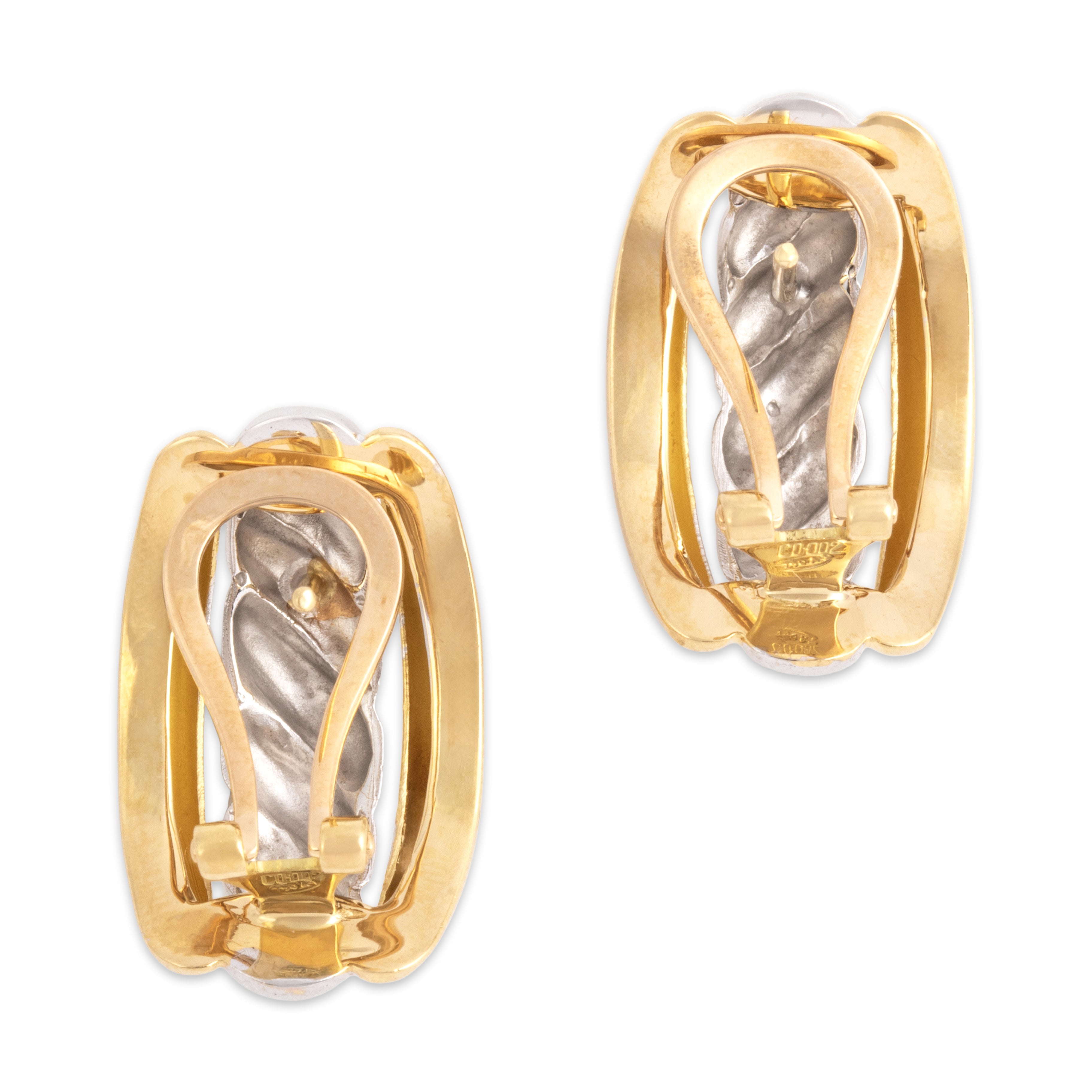 Vintage Substantial 18k Yellow & White Gold Gleaming Cabled Omega Back Earrings - Back view