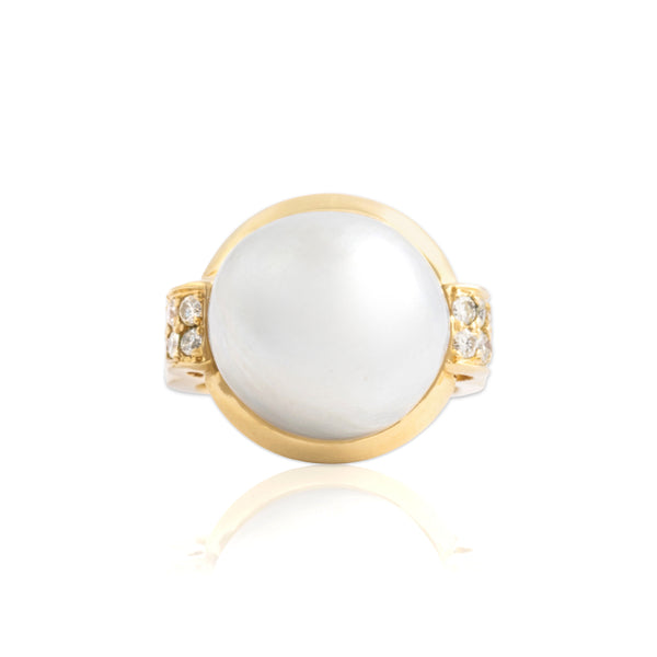 Vintage Heavy 14k Yellow Gold Pearl Diamond Bold Accented Shoulder Ring 6.00