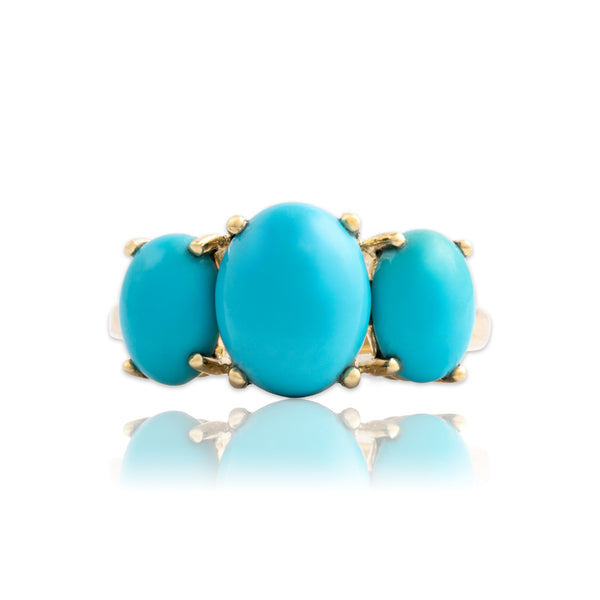 Vintage 10k Yellow Gold 4.5cttw Turquoise Beautiful Cabochon Trio Ring 7.00