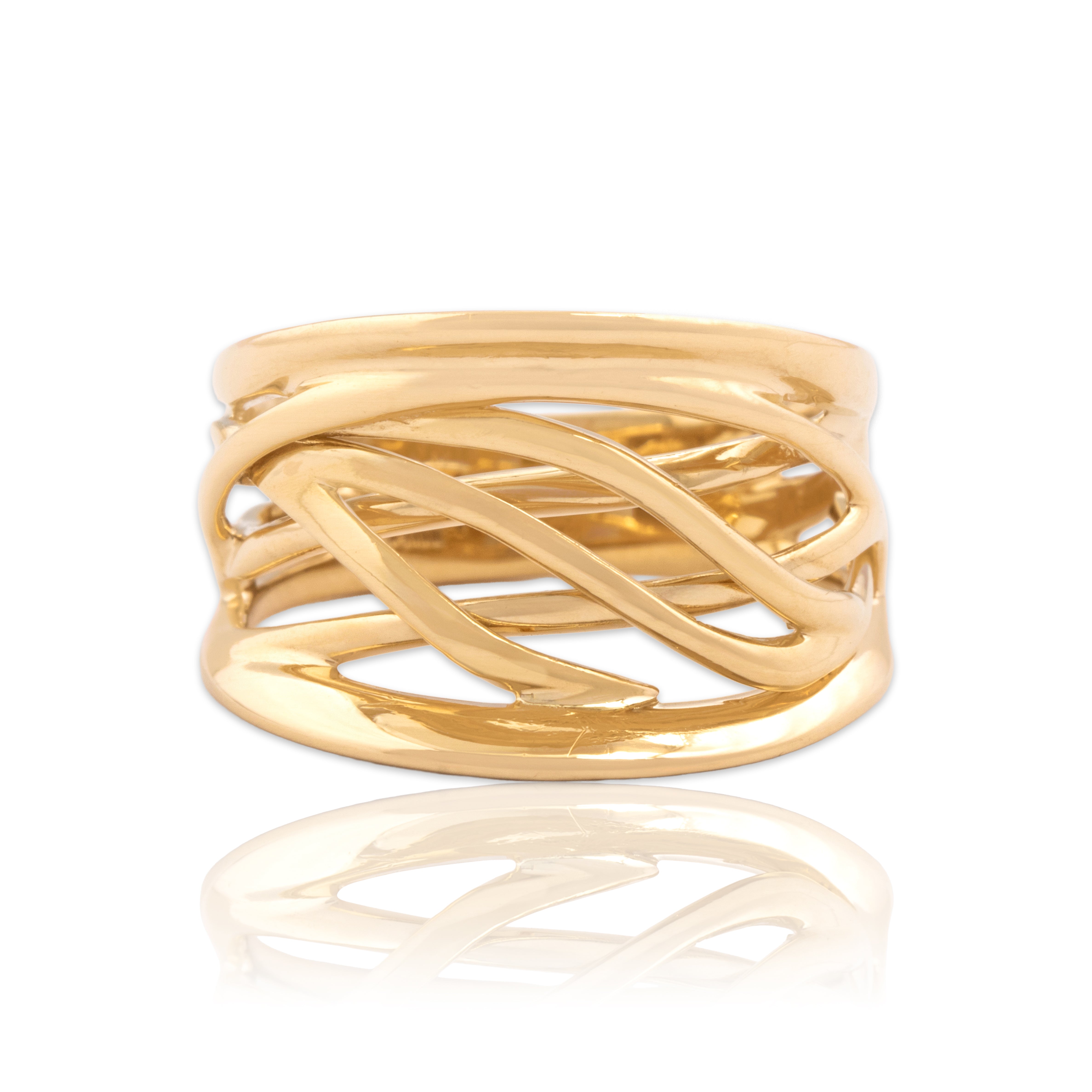 Vintage Italian 14k Yellow Gold Sleek Overlapping Open Wide Ring - Close-up view