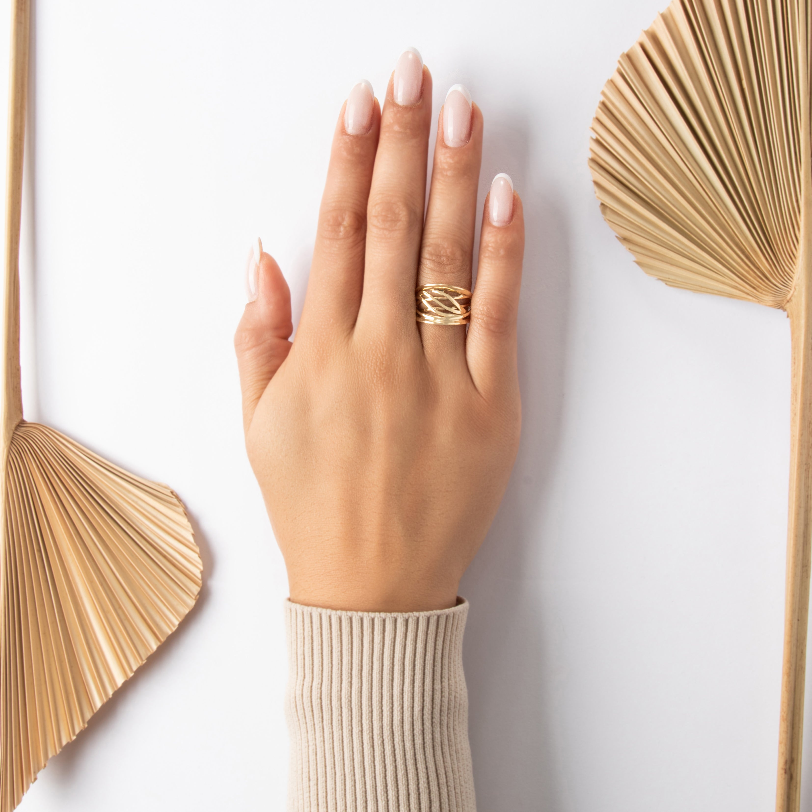 Vintage Italian 14k Yellow Gold Sleek Overlapping Open Wide Ring - On model view