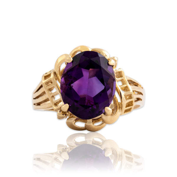 Vintage 14k Yellow Gold 3.22ct Amethyst Royal Scrolling Oval Ring 6.50