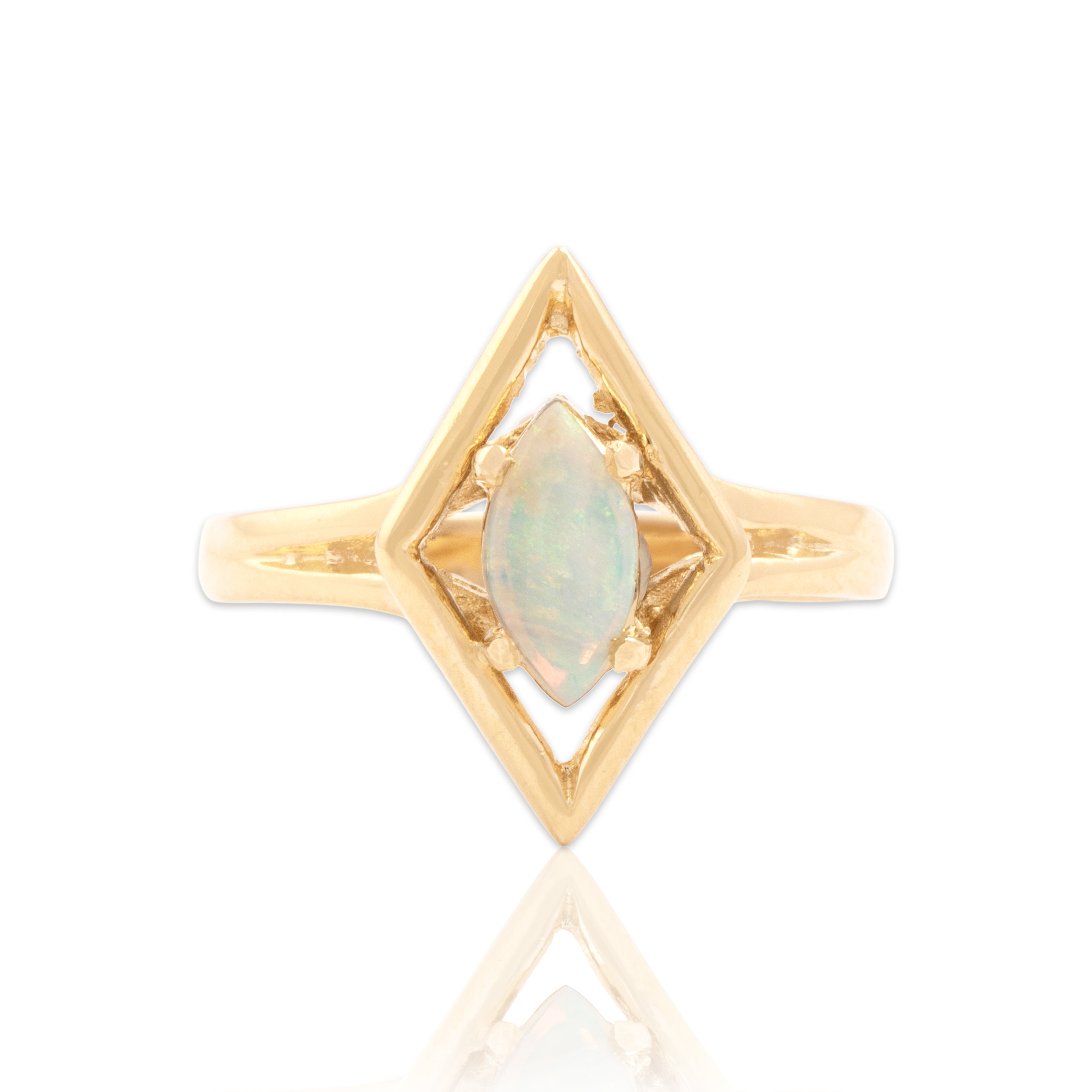 Vintage 14k Yellow Gold Opal Modern Open Kite Ring - Close-up view