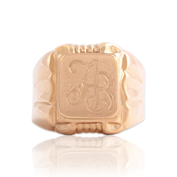 Vintage Russian 14k Rosy Yellow Gold Decorated Rectangular "ab" Signet Ring - Close-up view