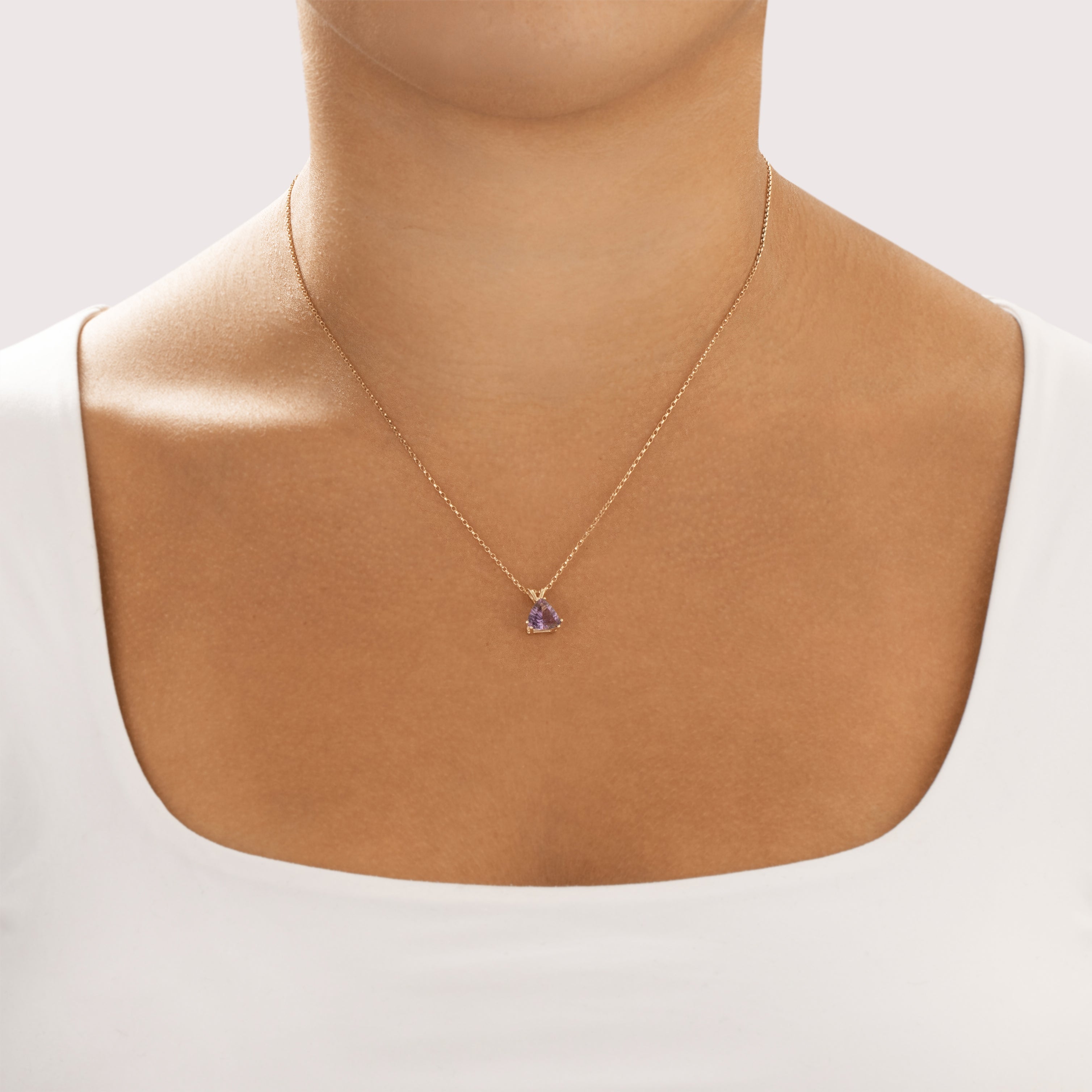 Vintage 14k Yellow Gold 1.42ct Amethyst Vibrant Fancy-Cut Solitiare Pendant - On model view