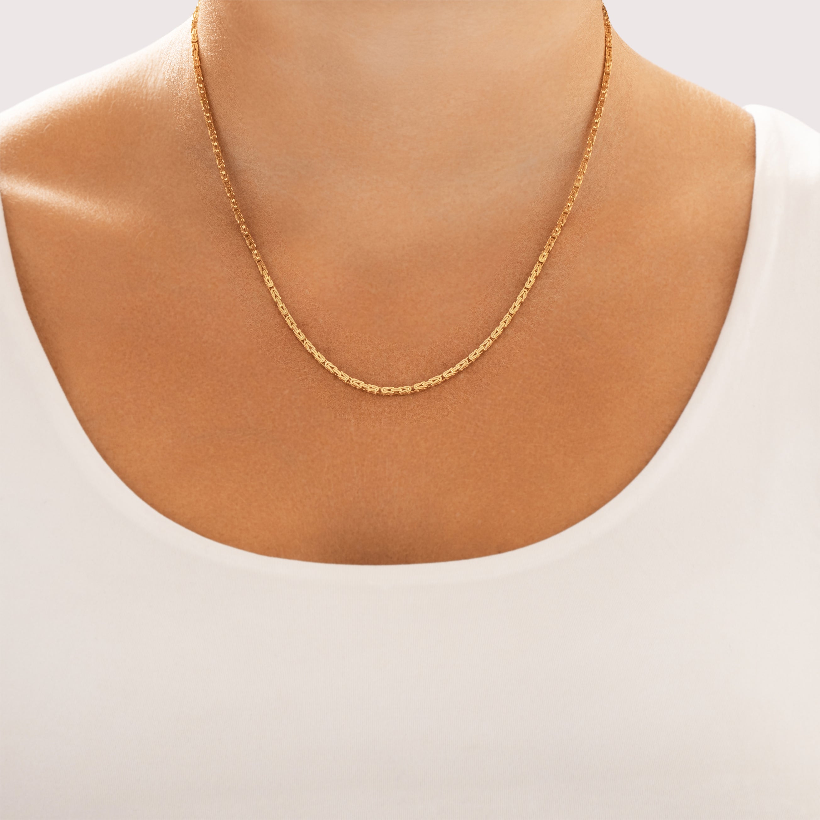 Vintage 14k Yellow Gold 1.9mm Intricate Byzantine Link Chain - On model view